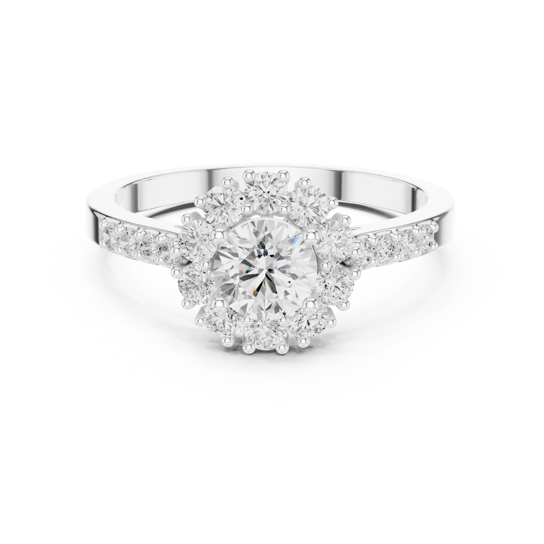 Round Diamond Halo Engagement Ring with Pave Band
