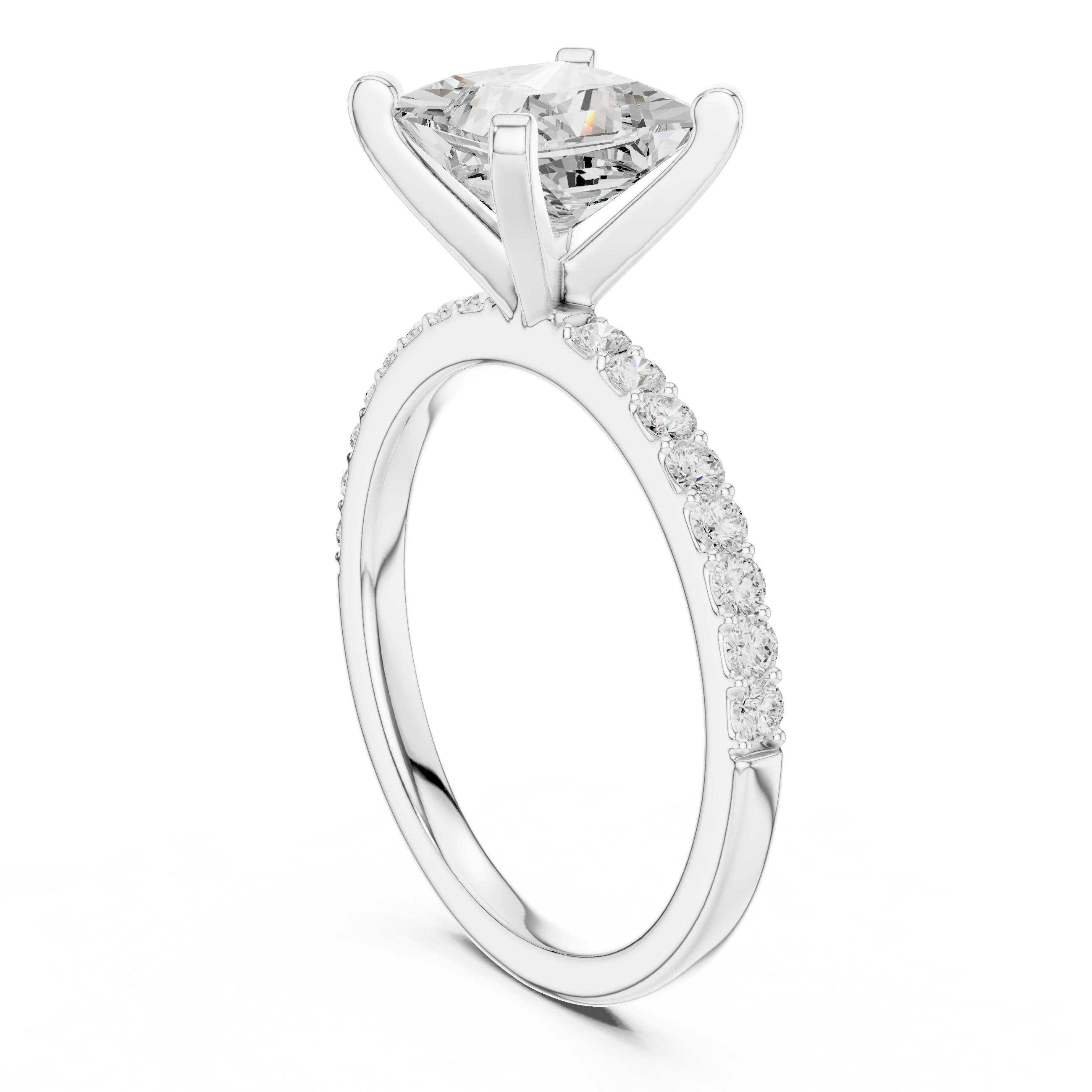 Princess Cut Diamond Pave Band Solitaire Engagement Ring