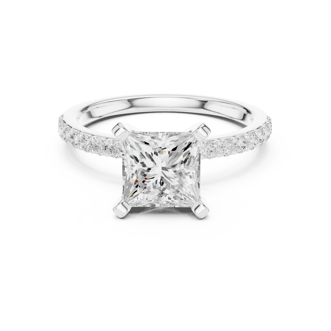Princess Cut Diamond Pave Band Solitaire Engagement Ring