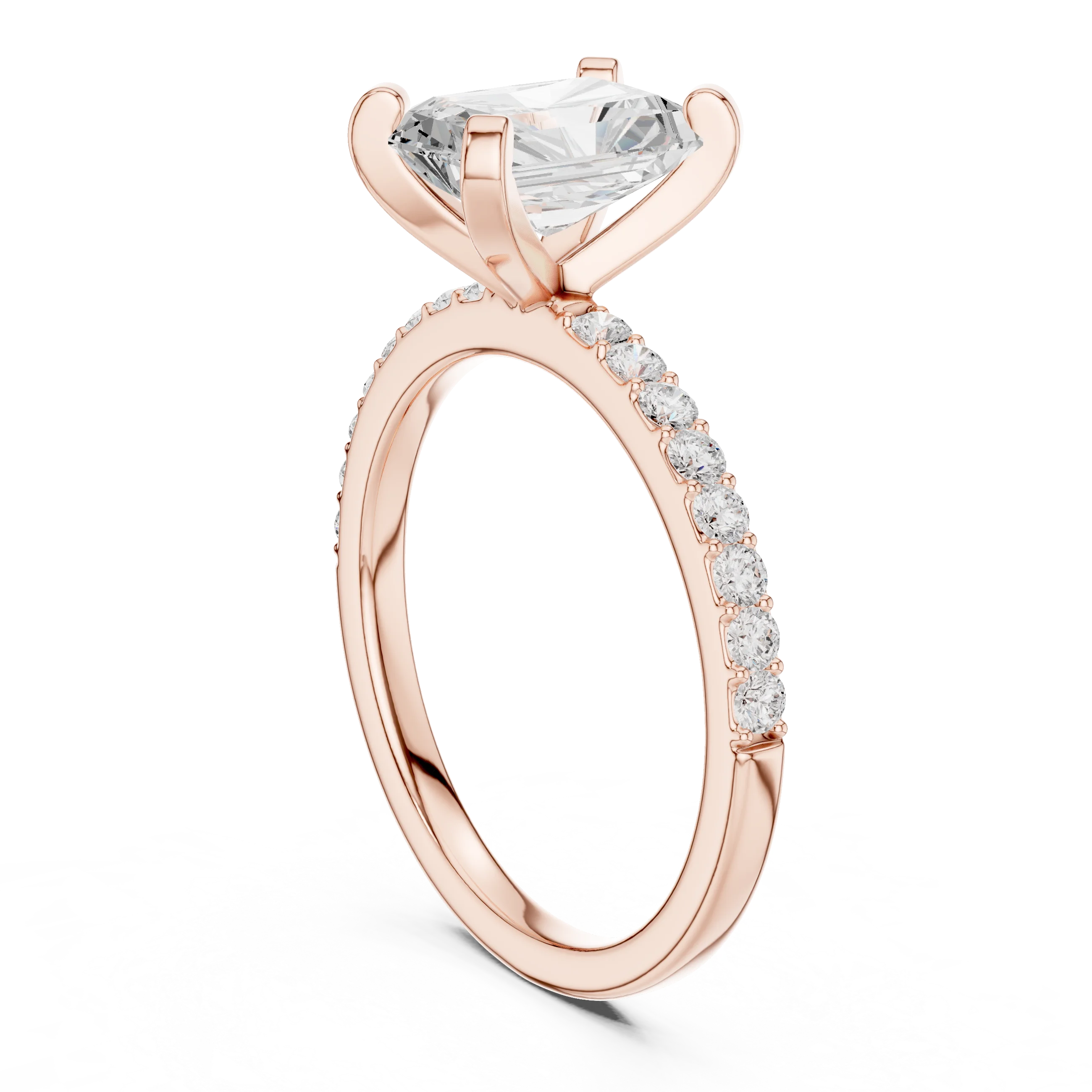 Radiant Cut Diamond Pave Band Solitaire Engagement Ring