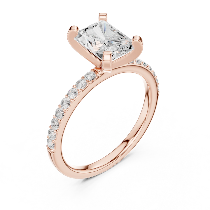 Radiant Cut Diamond Pave Band Solitaire Engagement Ring