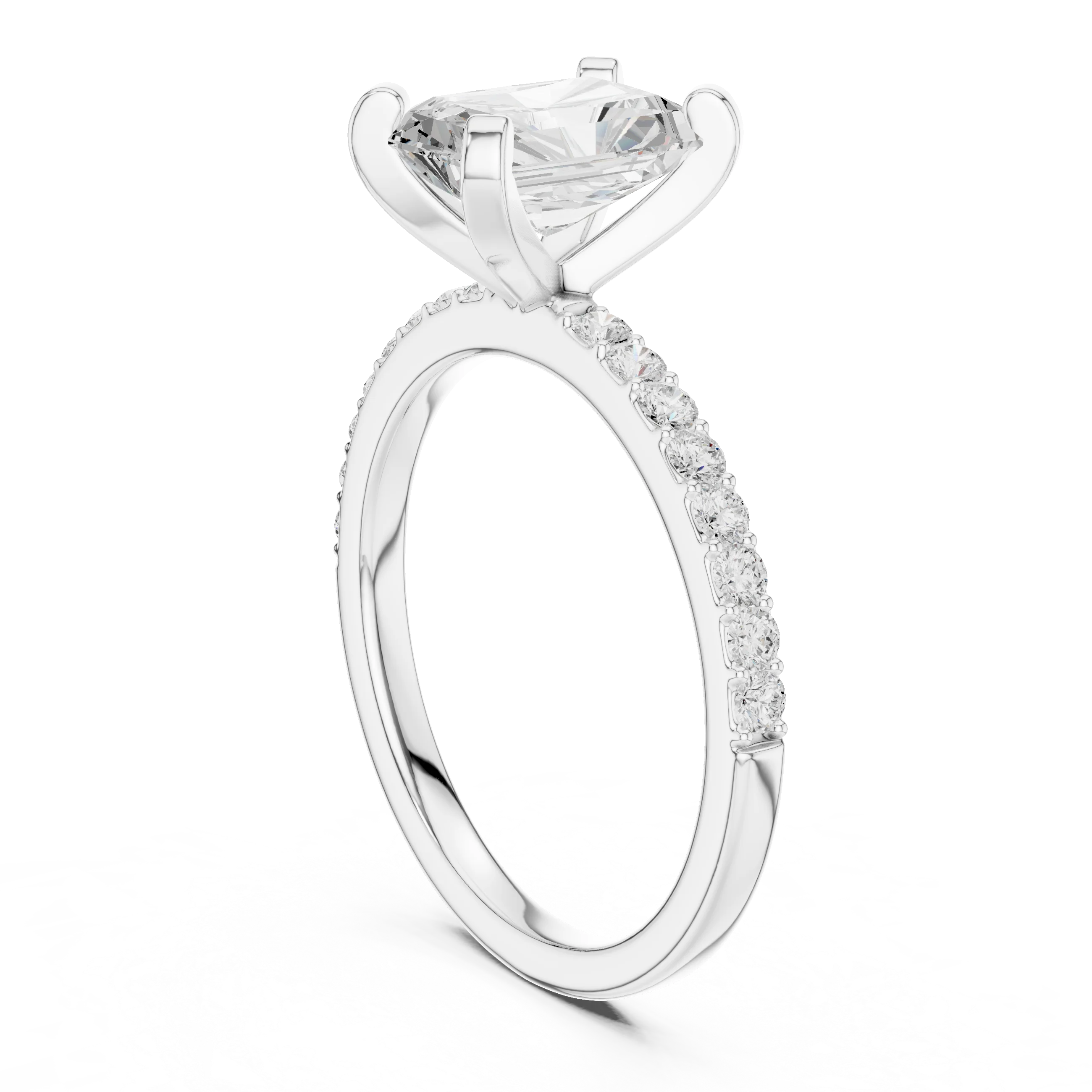 Radiant Cut Diamond Pave Band Solitaire Engagement Ring