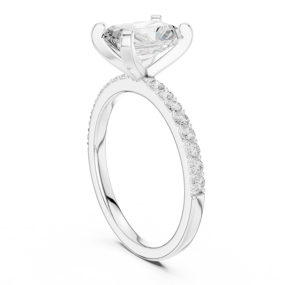 Radiant Cut Diamond Pave Band Solitaire Engagement Ring