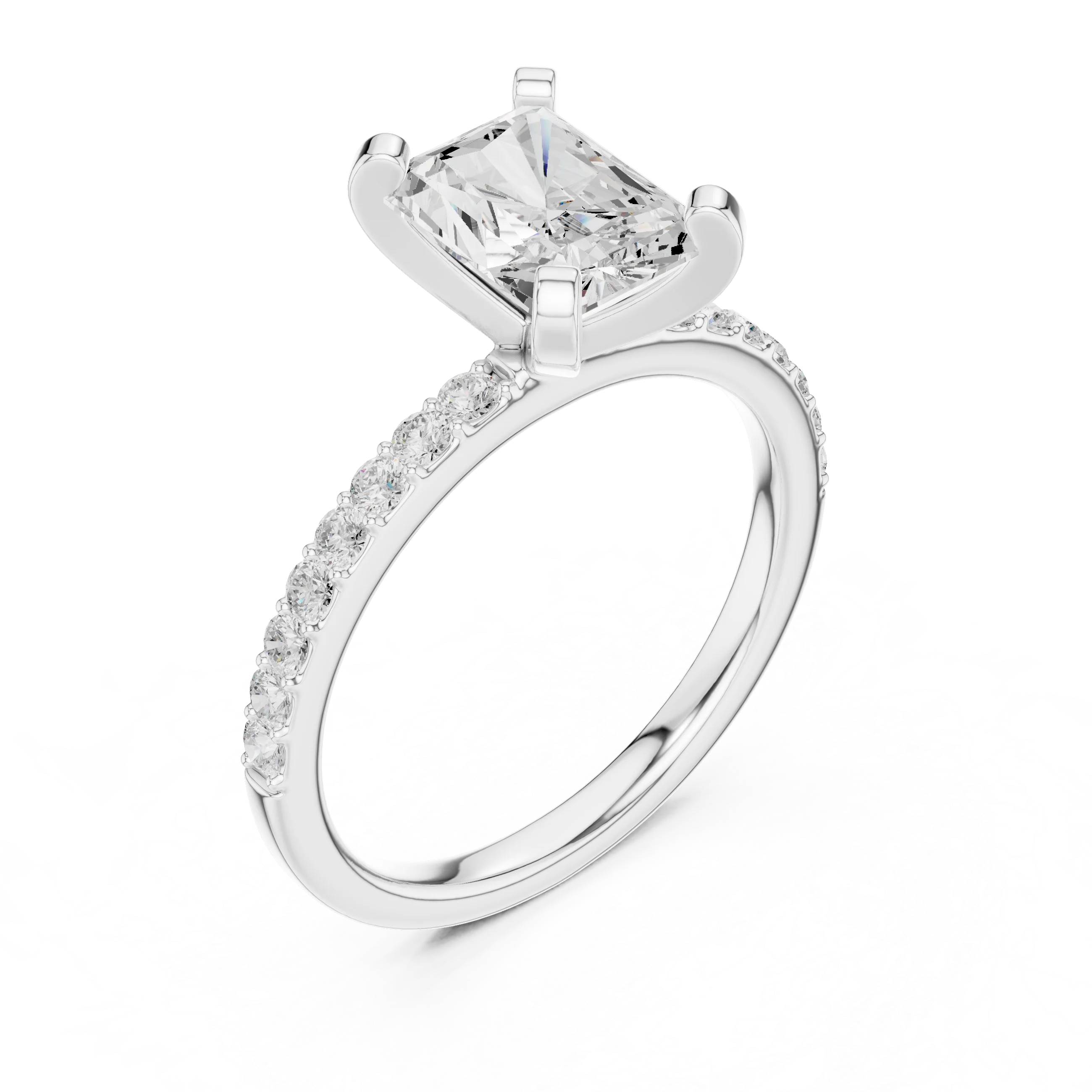 Radiant Cut Diamond Pave Band Solitaire Engagement Ring