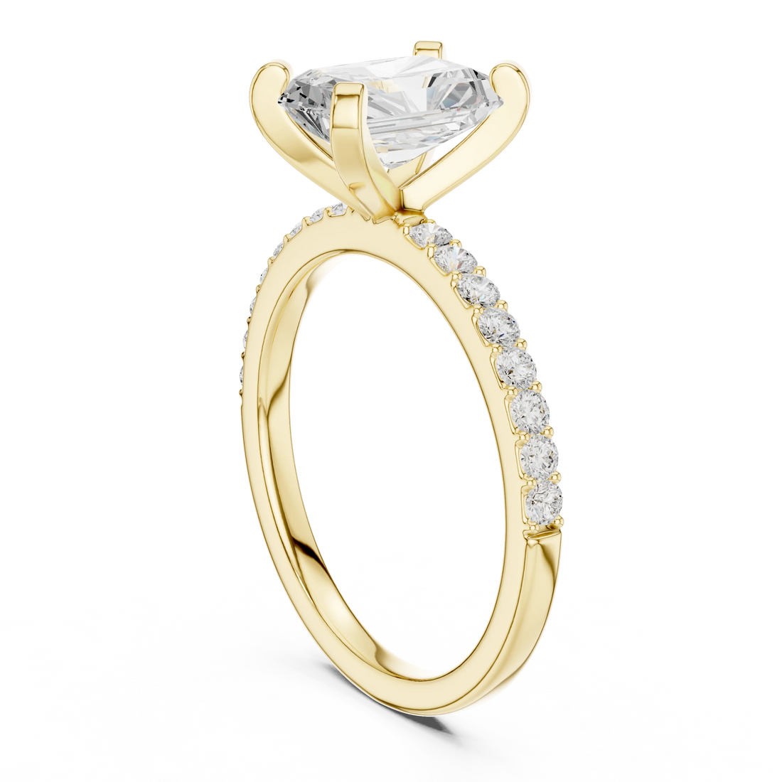 Radiant Cut Diamond Pave Band Solitaire Engagement Ring