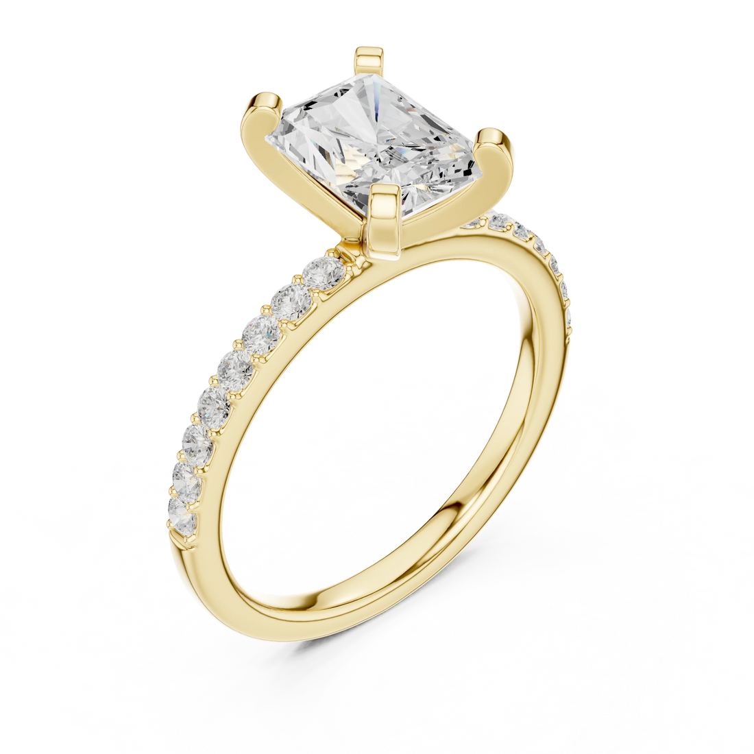 Radiant Cut Diamond Pave Band Solitaire Engagement Ring