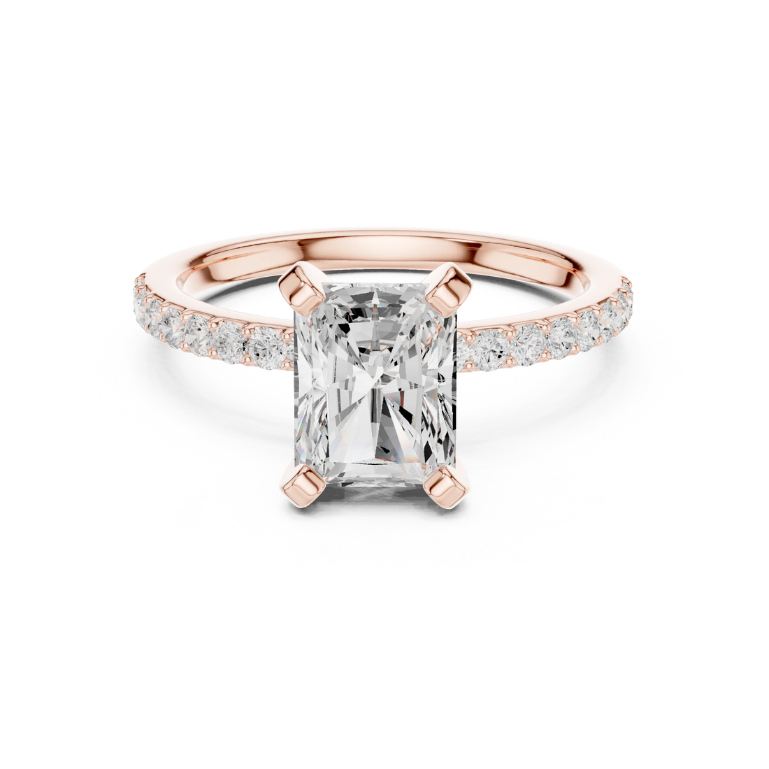 Radiant Cut Diamond Pave Band Solitaire Engagement Ring