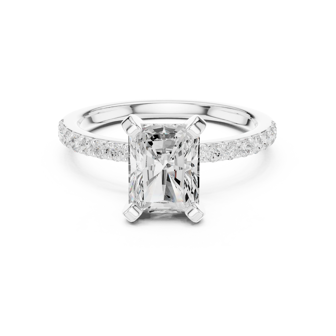 Radiant Cut Diamond Pave Band Solitaire Engagement Ring