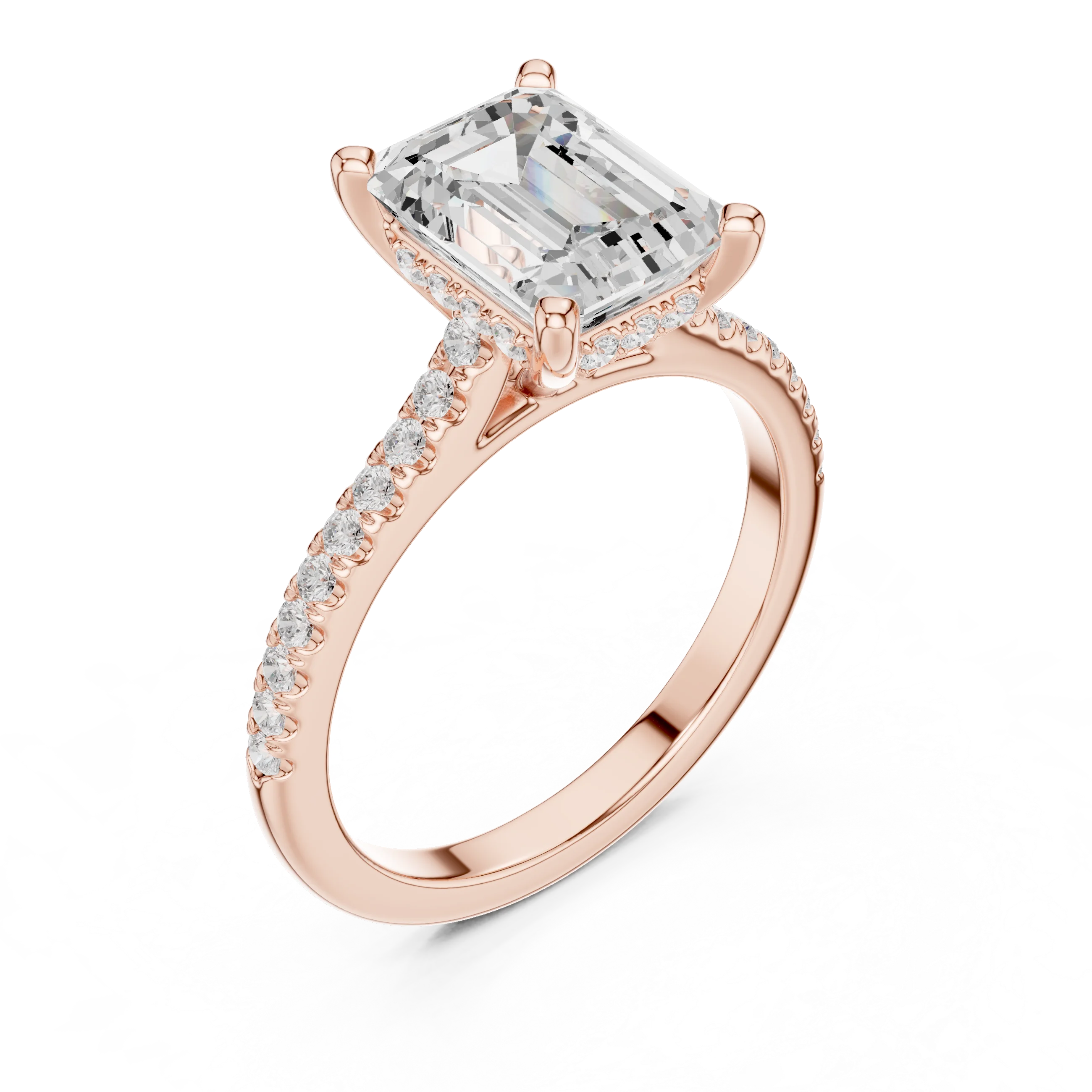 Emerald-Cut Diamond Hidden Halo Engagement Ring with Pave Band