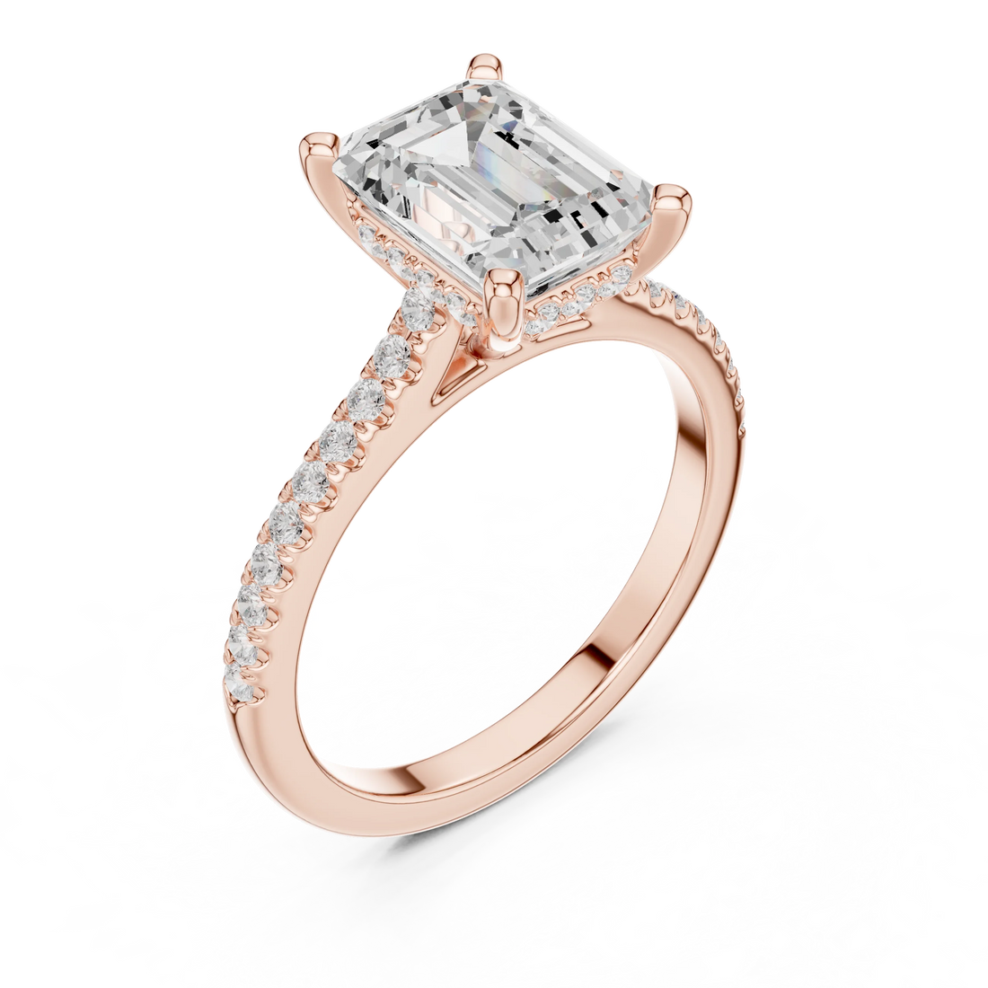 Emerald-Cut Diamond Hidden Halo Engagement Ring with Pave Band