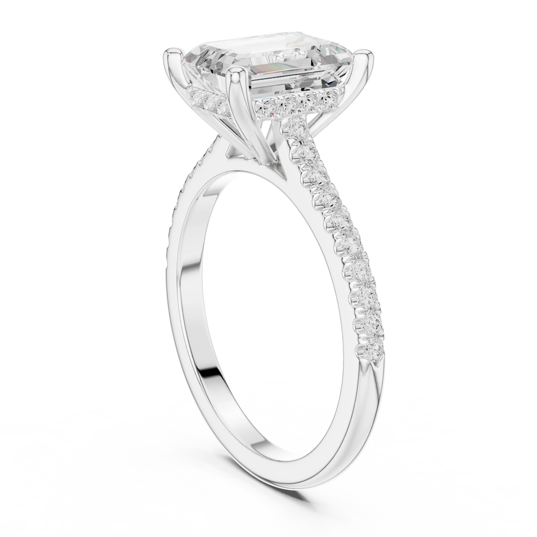 Emerald-Cut Diamond Hidden Halo Engagement Ring with Pave Band
