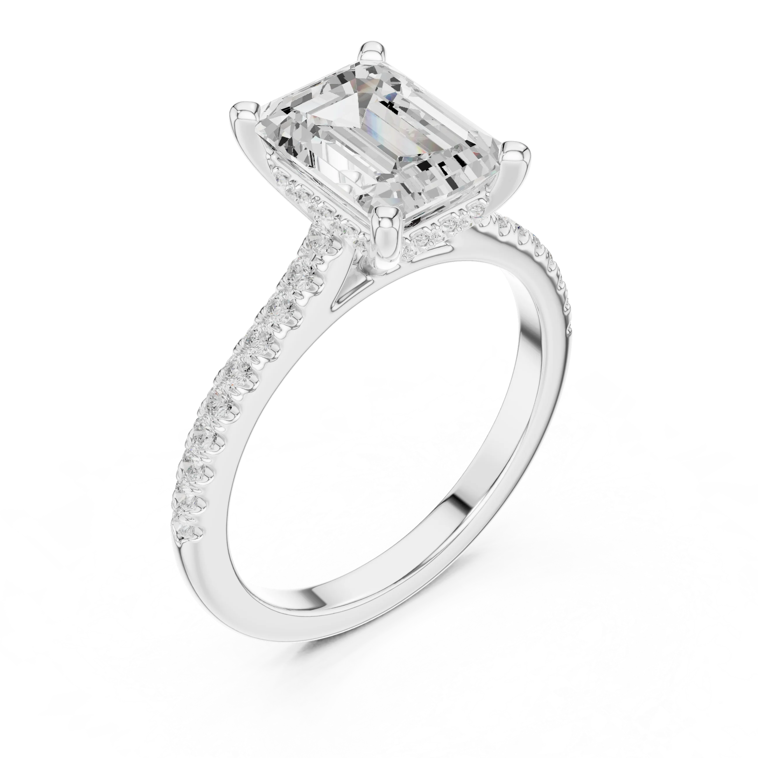 Emerald-Cut Diamond Hidden Halo Engagement Ring with Pave Band