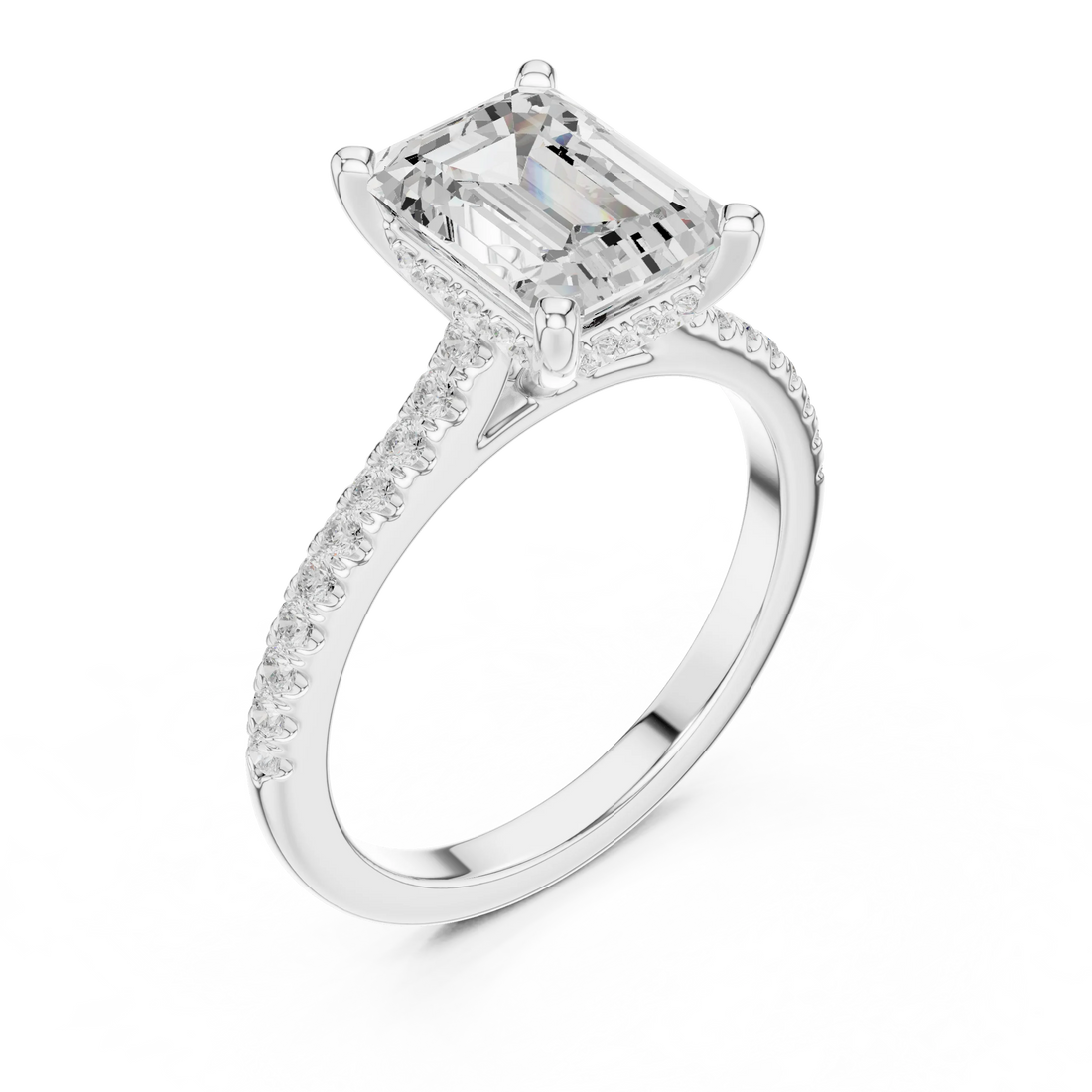 Emerald-Cut Diamond Hidden Halo Engagement Ring with Pave Band