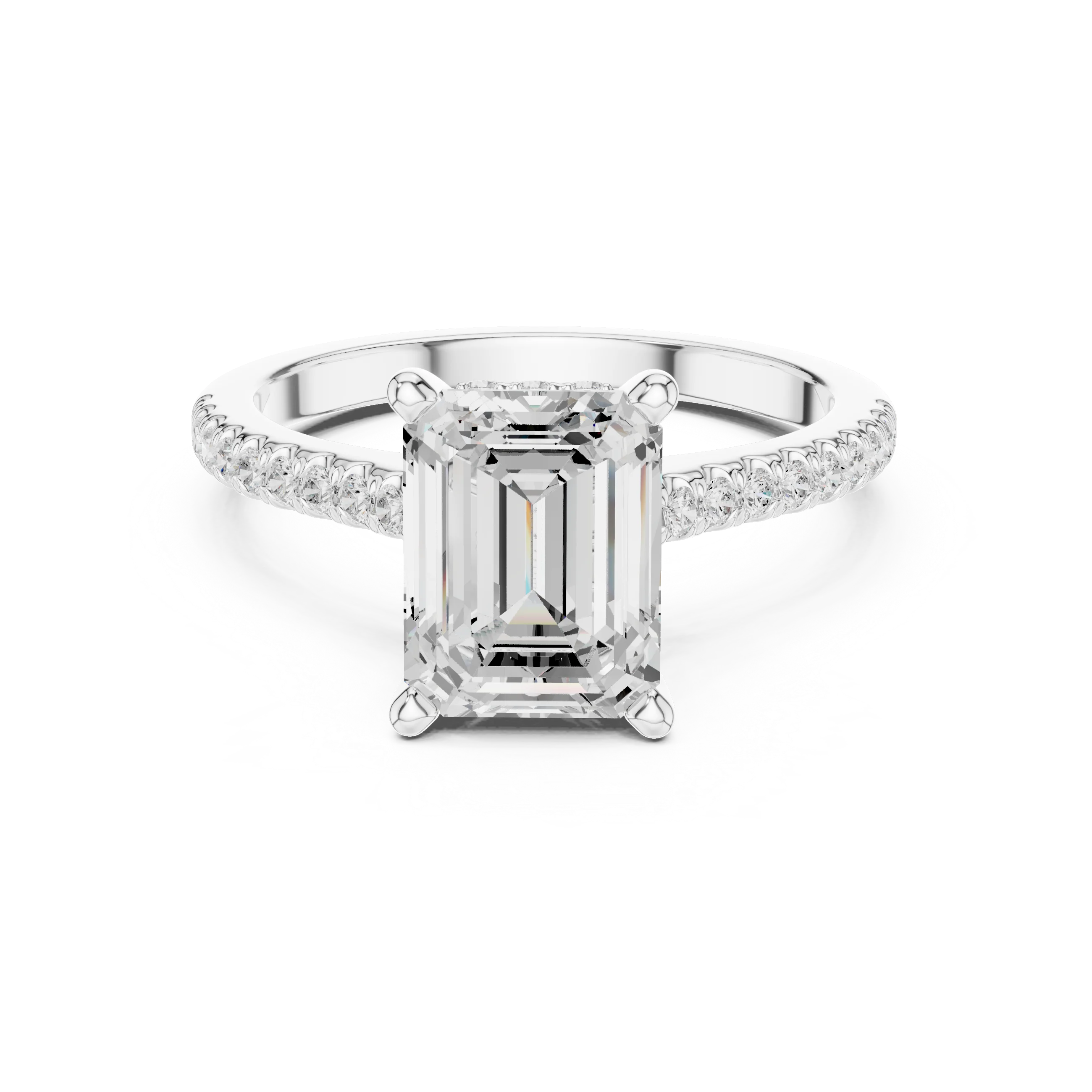 Emerald-Cut Diamond Hidden Halo Engagement Ring with Pave Band