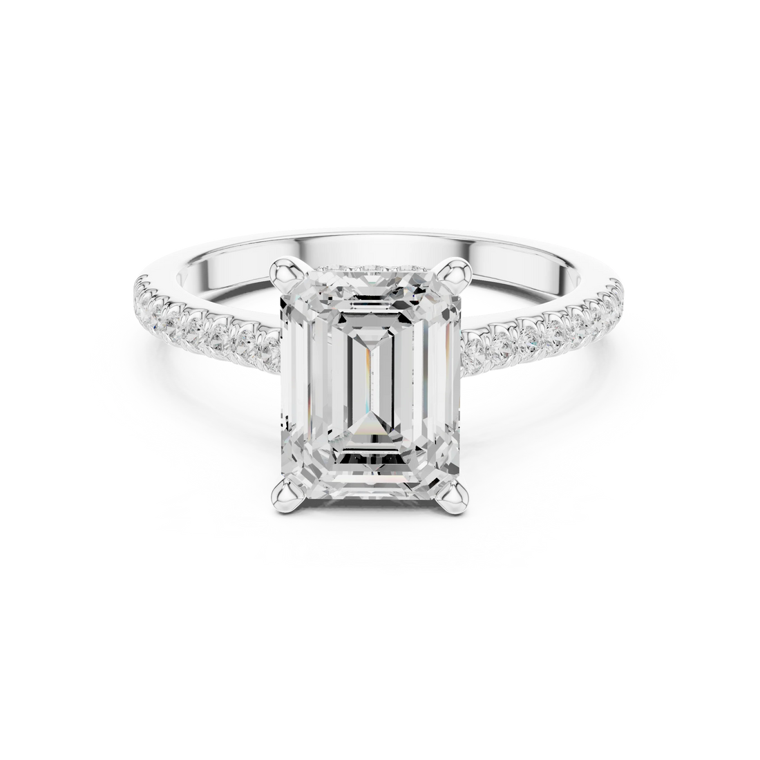 Emerald-Cut Diamond Hidden Halo Engagement Ring with Pave Band