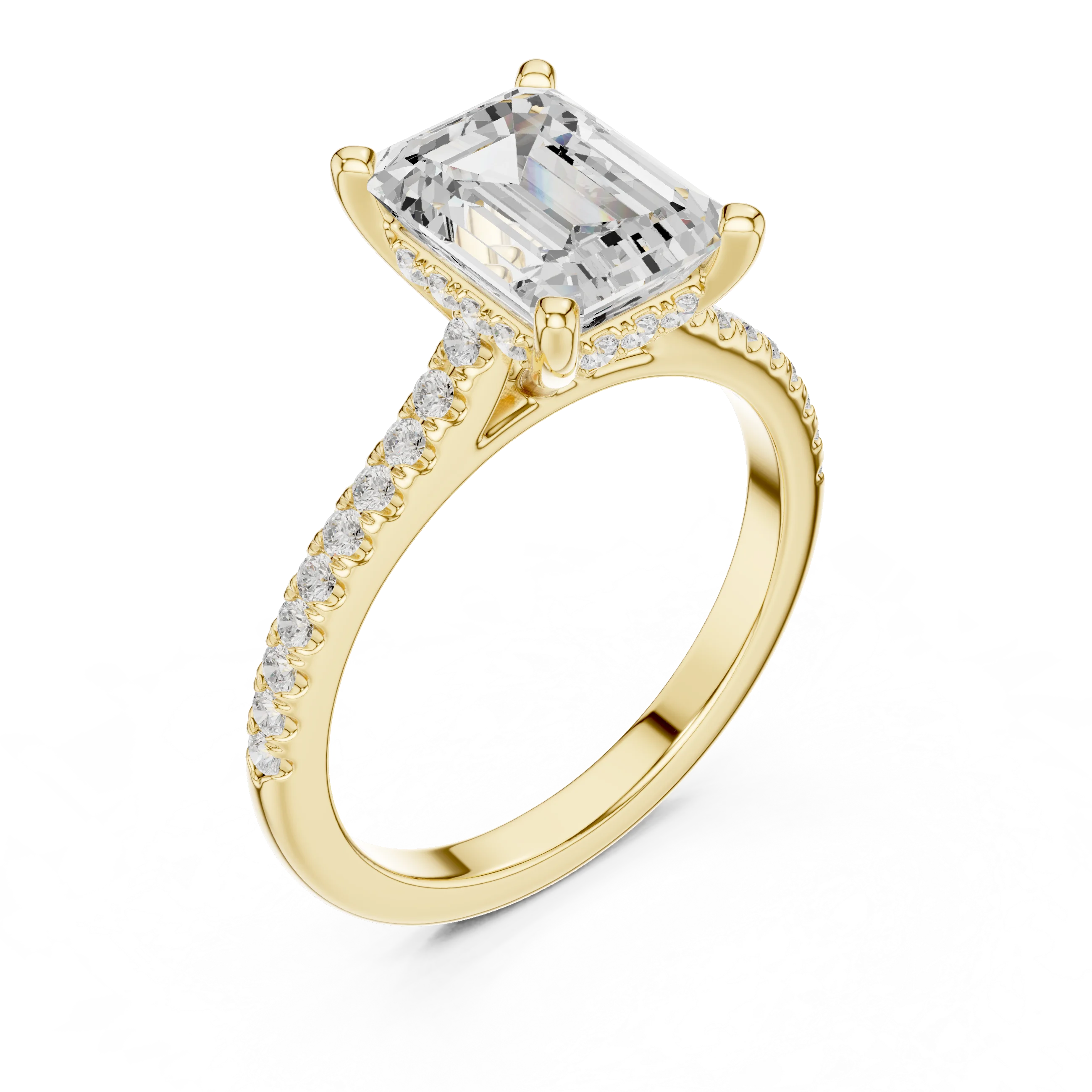 Emerald-Cut Diamond Hidden Halo Engagement Ring with Pave Band