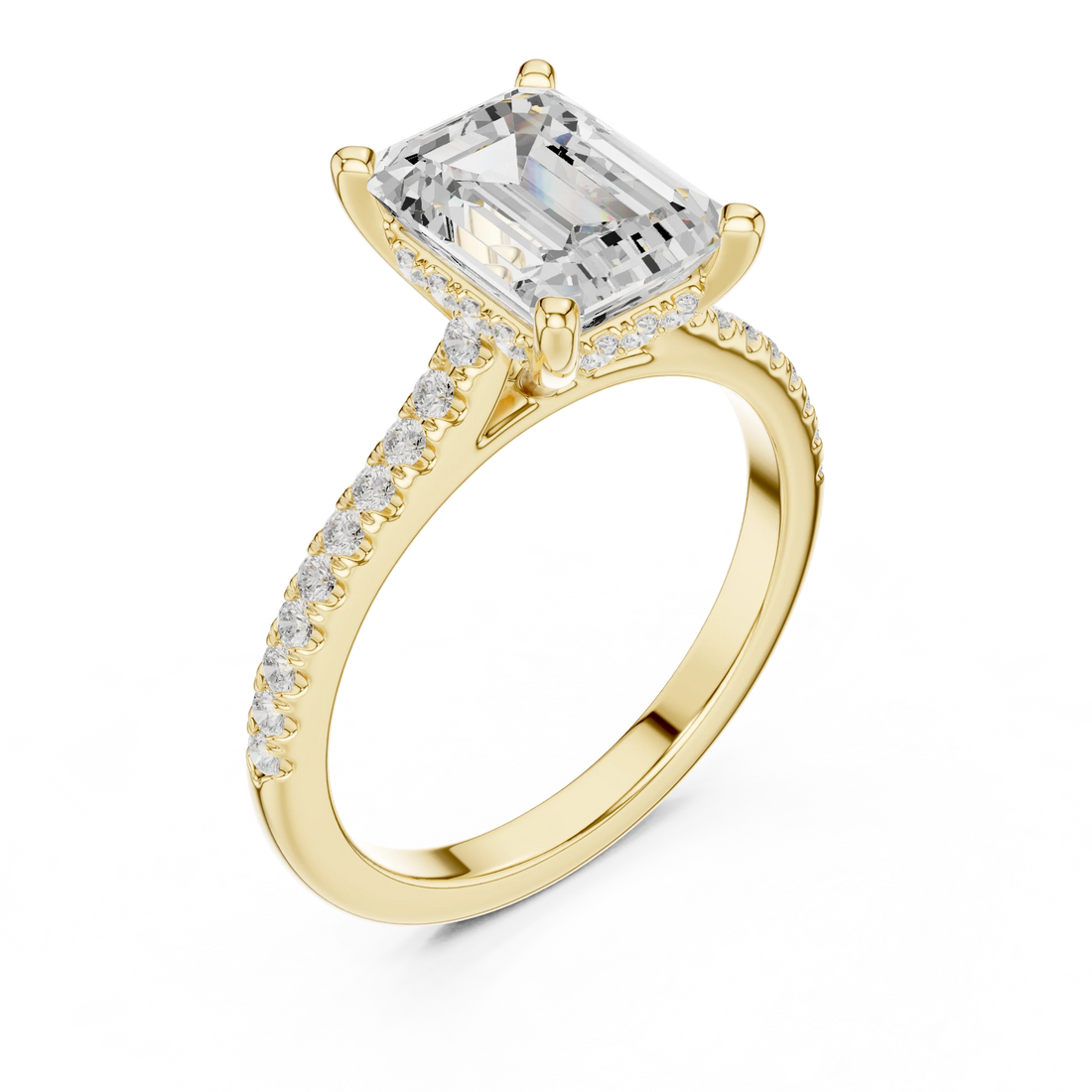 Emerald-Cut Diamond Hidden Halo Engagement Ring with Pave Band