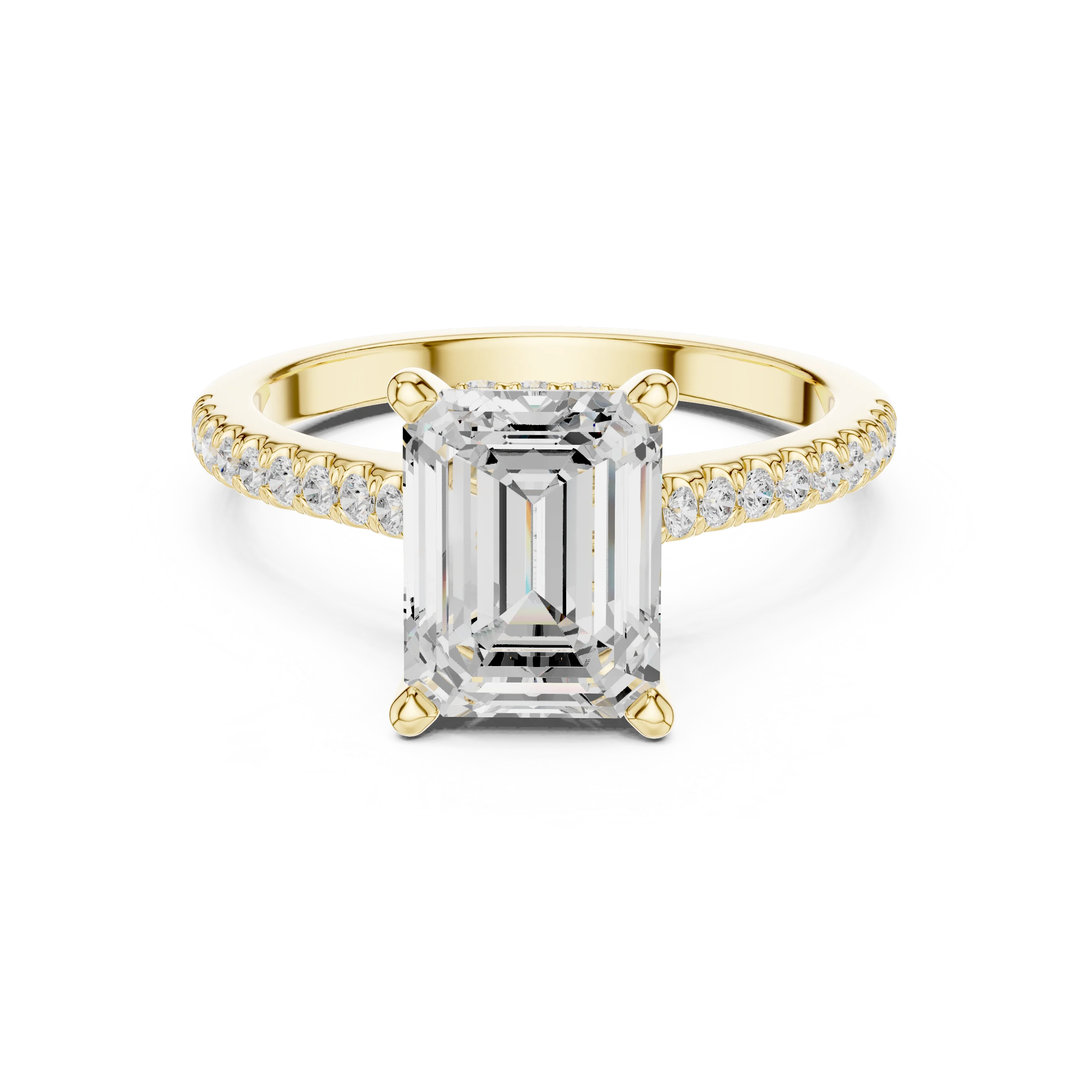 Emerald-Cut Diamond Hidden Halo Engagement Ring with Pave Band