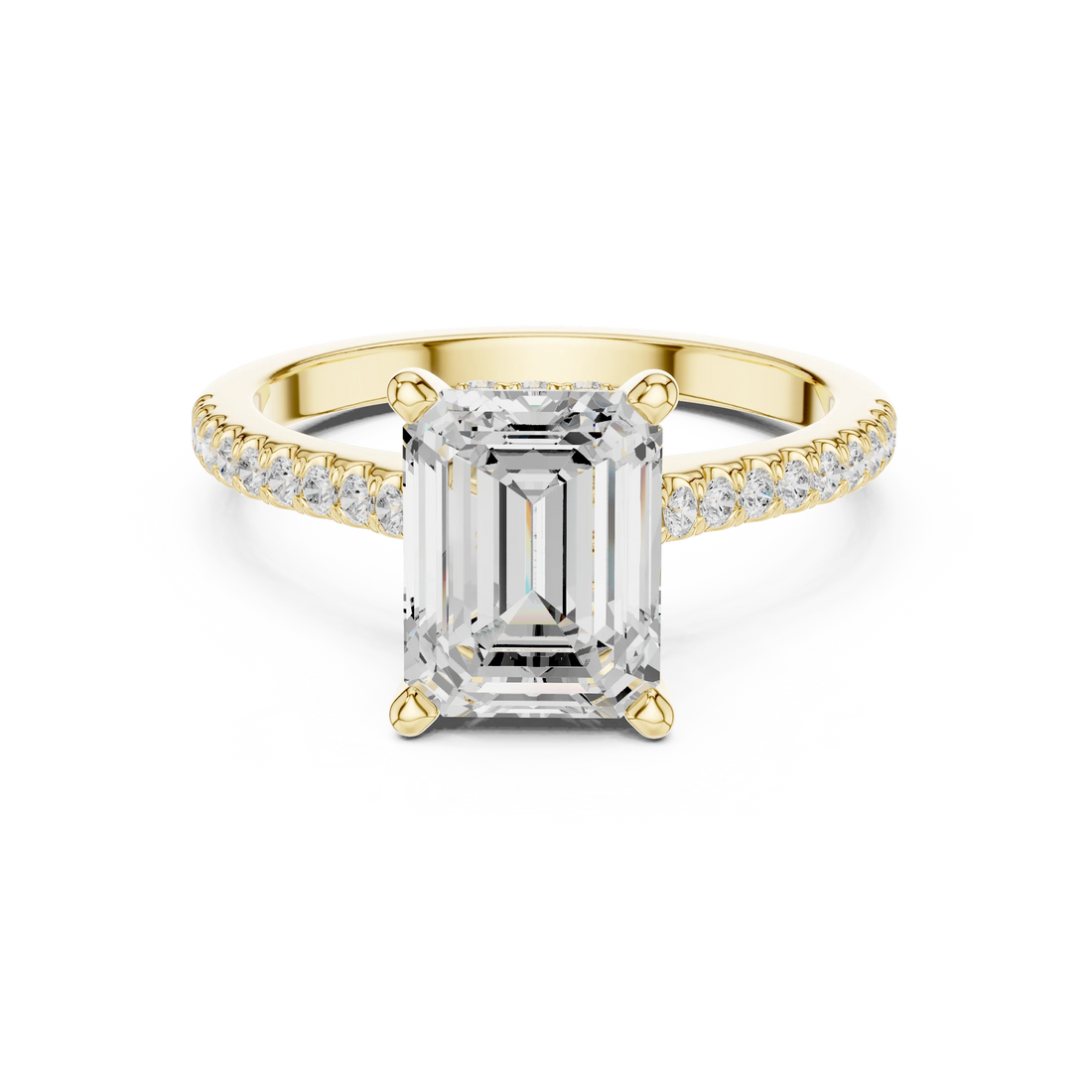 Emerald-Cut Diamond Hidden Halo Engagement Ring with Pave Band