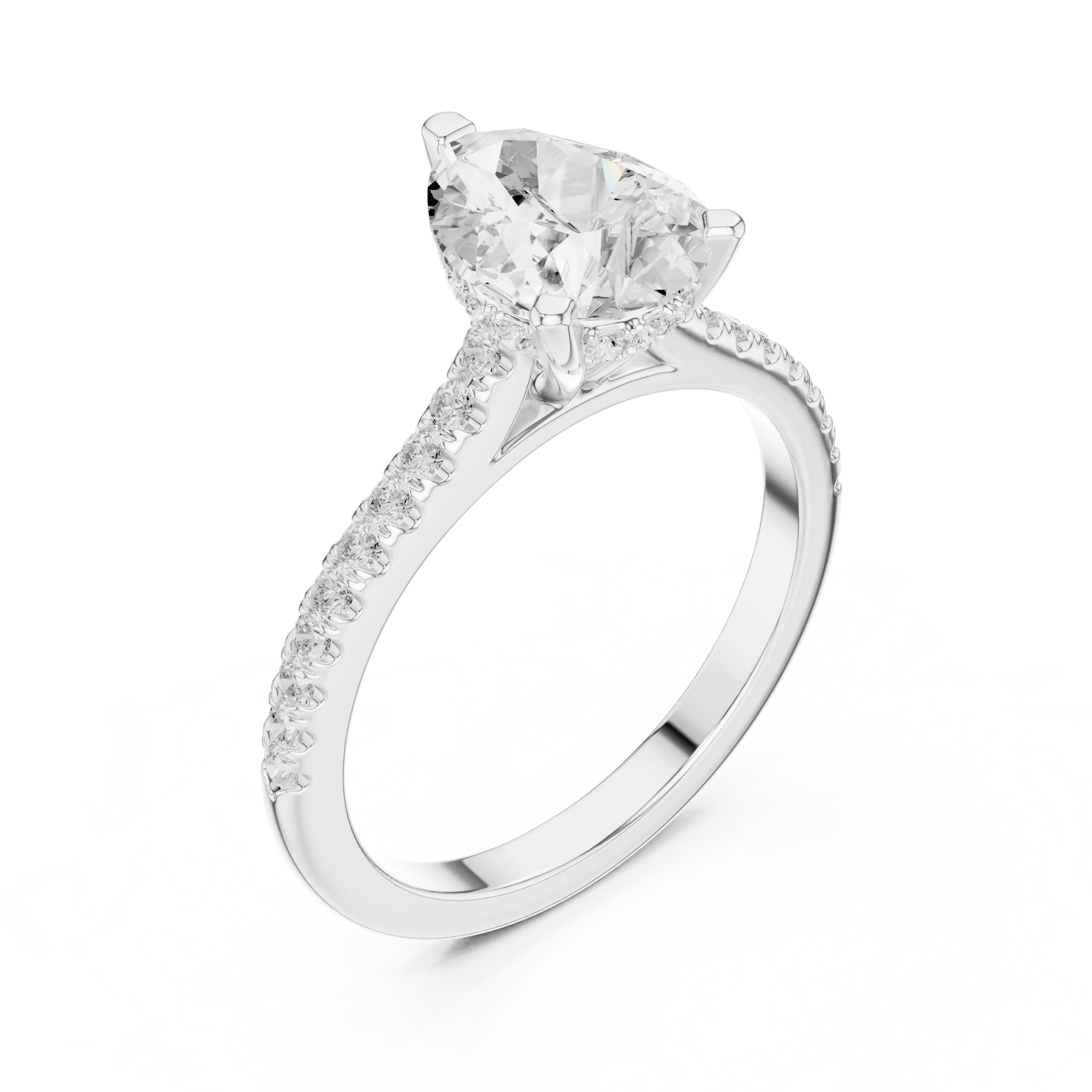 Pear-Cut Diamond Hidden Halo Engagement Ring with Pave Band