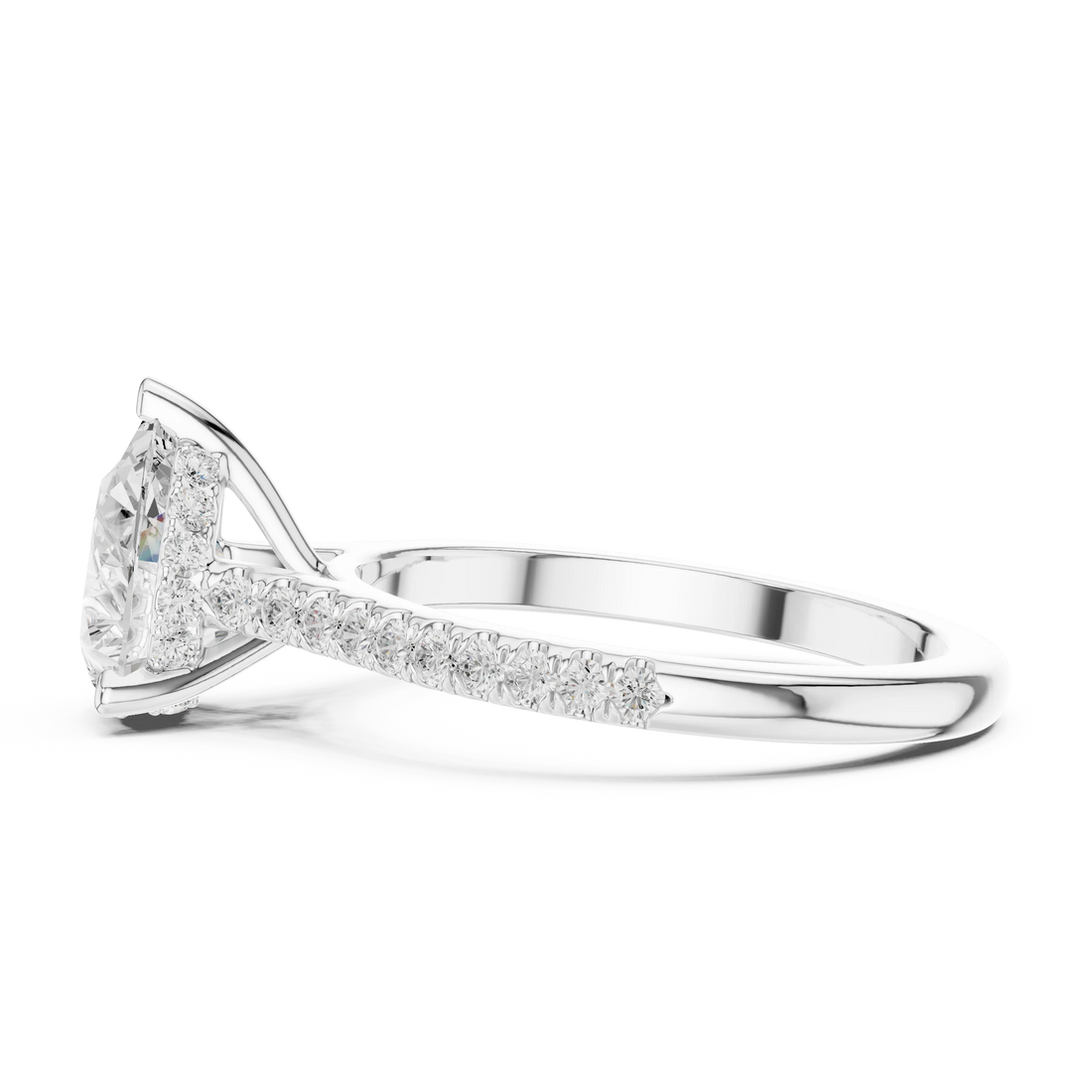 Pear-Cut Diamond Hidden Halo Engagement Ring with Pave Band