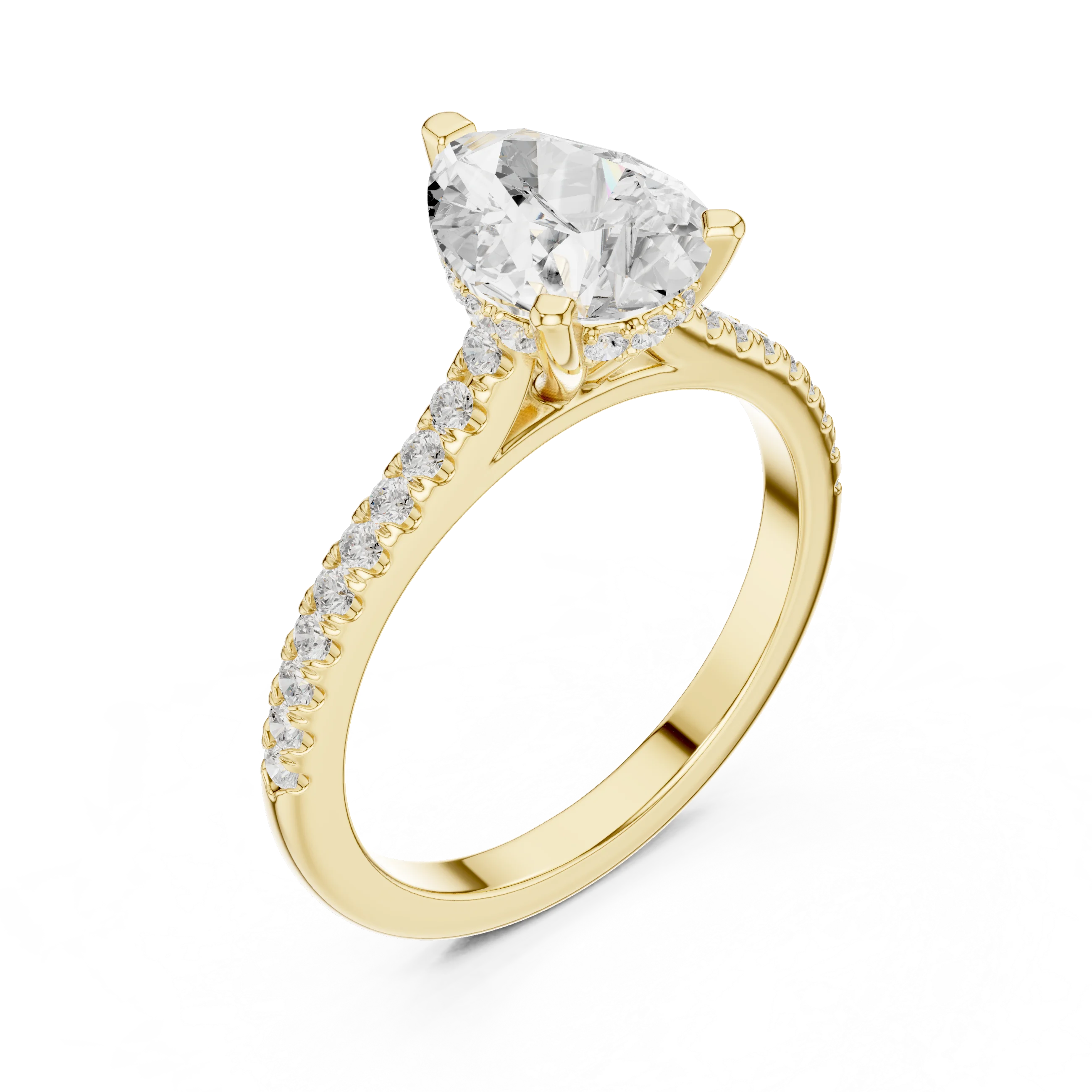 Pear-Cut Diamond Hidden Halo Engagement Ring with Pave Band