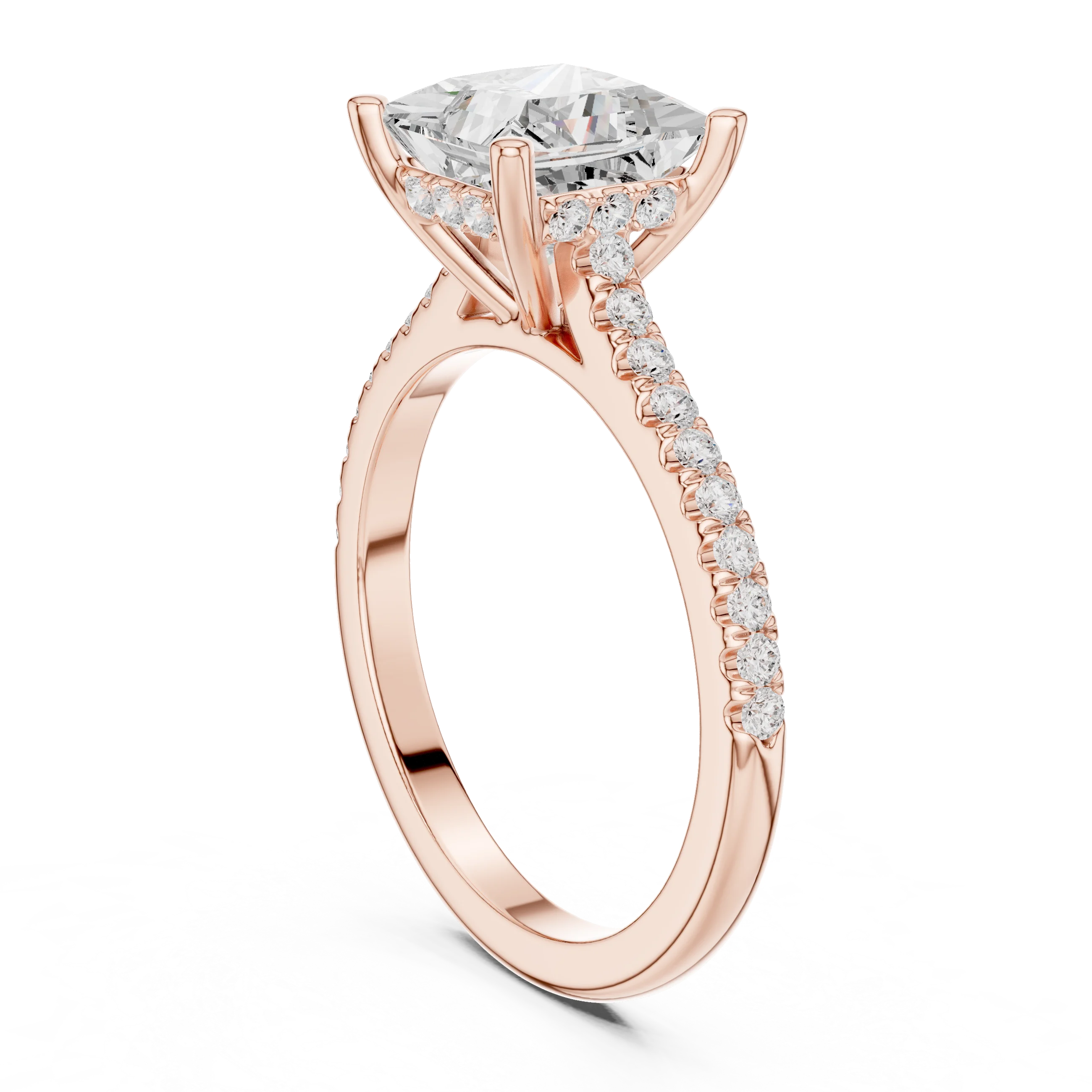 Princess-Cut Diamond Hidden Halo Engagement Ring with Pave Band