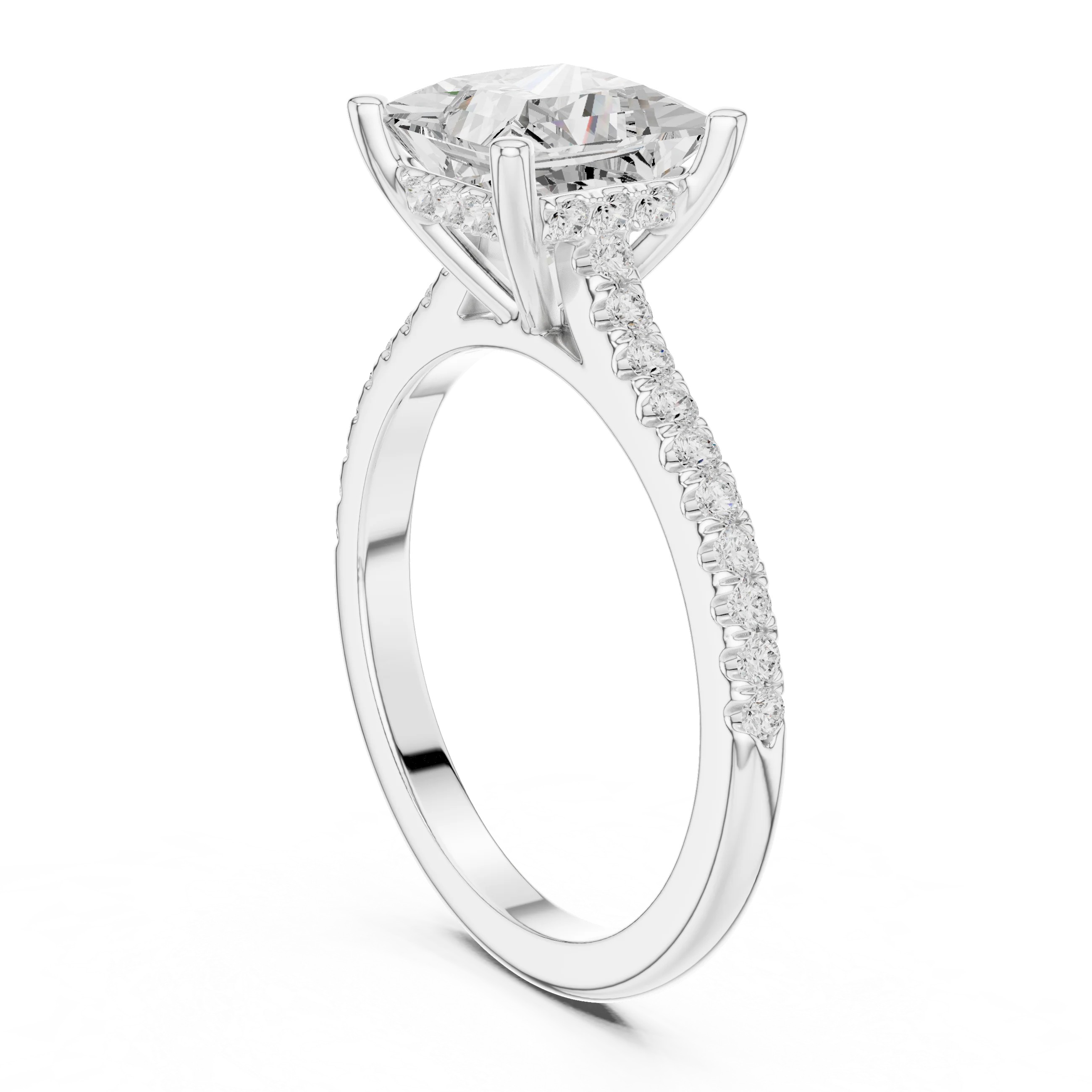 Princess-Cut Diamond Hidden Halo Engagement Ring with Pave Band