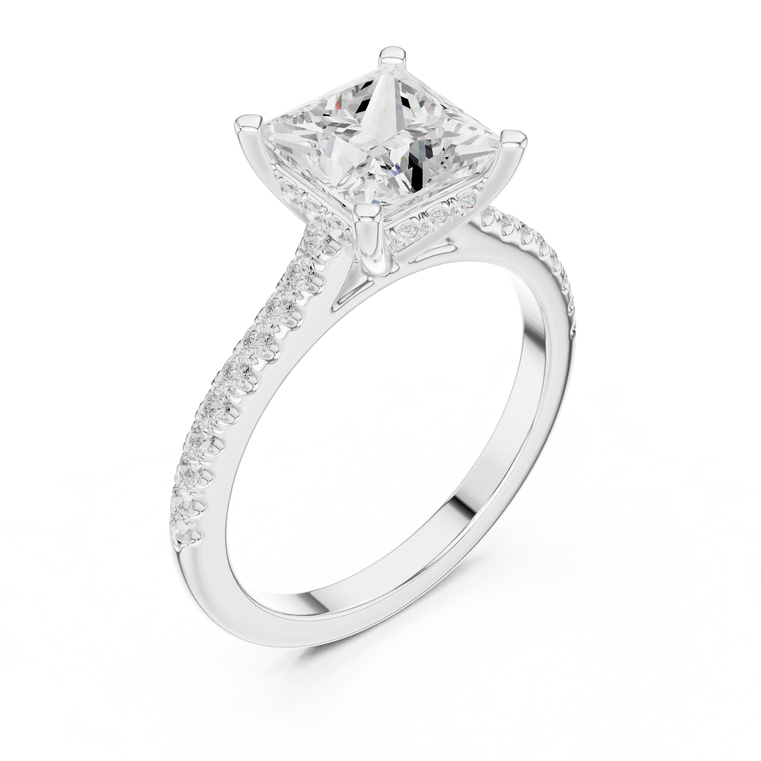 Princess-Cut Diamond Hidden Halo Engagement Ring with Pave Band