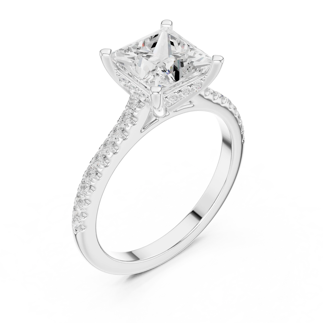 Princess-Cut Diamond Hidden Halo Engagement Ring with Pave Band