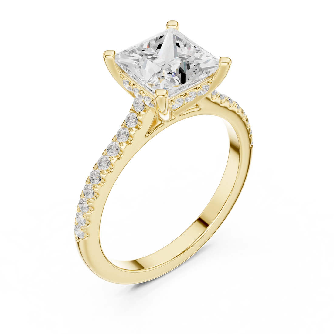 Princess-Cut Diamond Hidden Halo Engagement Ring with Pave Band