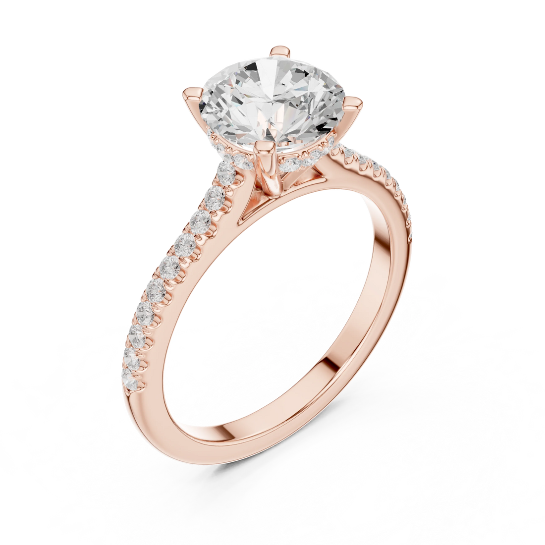 Round-Cut Diamond Hidden Halo Engagement Ring with Pave Band