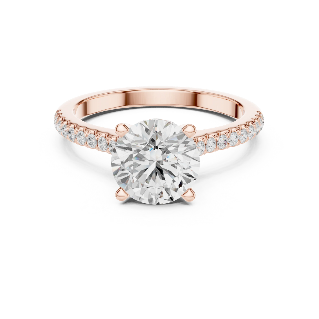 Round-Cut Diamond Hidden Halo Engagement Ring with Pave Band