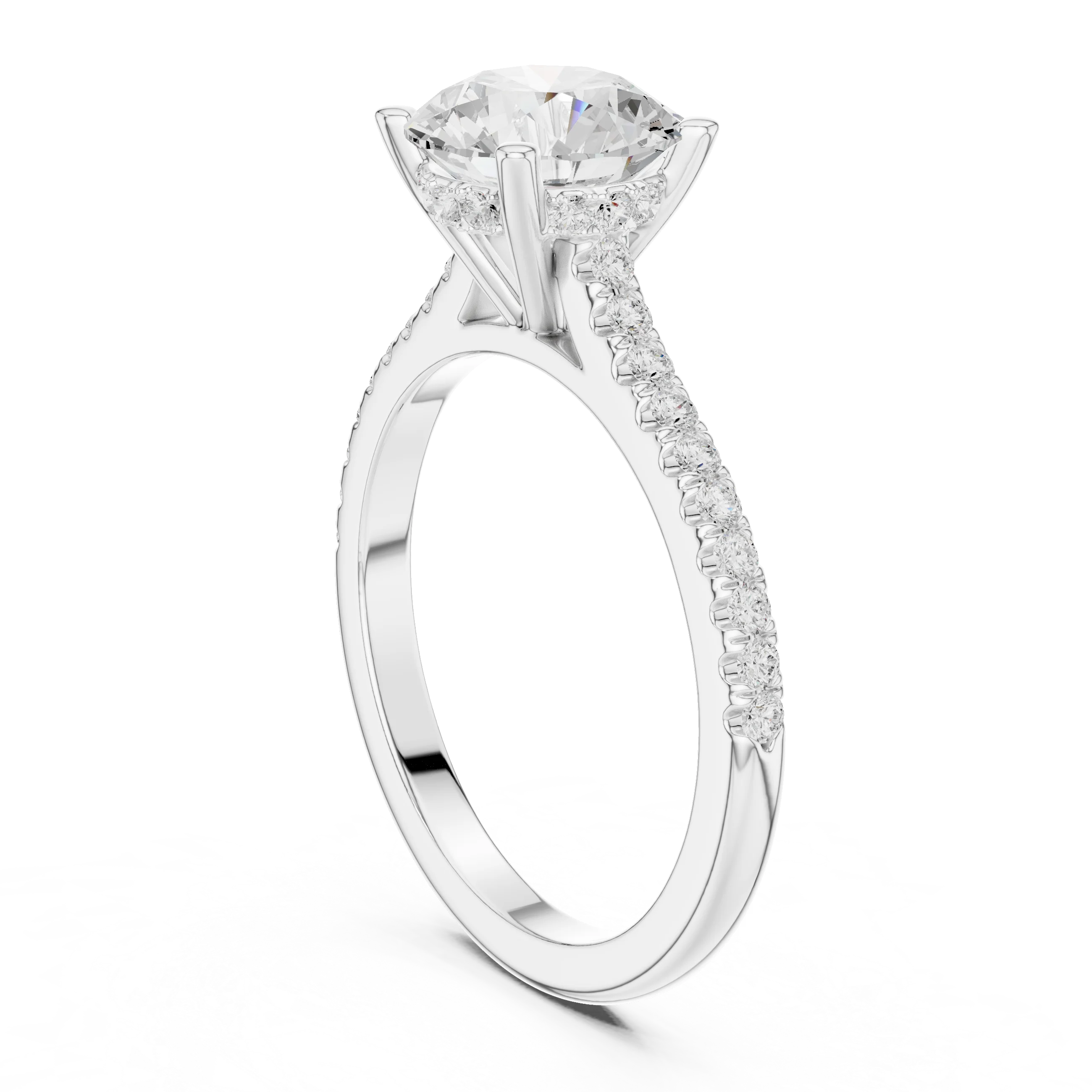 Round-Cut Diamond Hidden Halo Engagement Ring with Pave Band