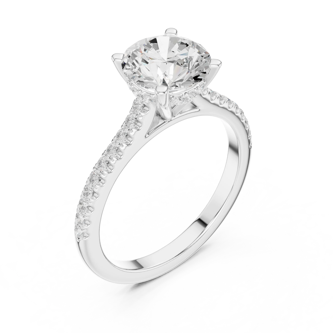 Round-Cut Diamond Hidden Halo Engagement Ring with Pave Band