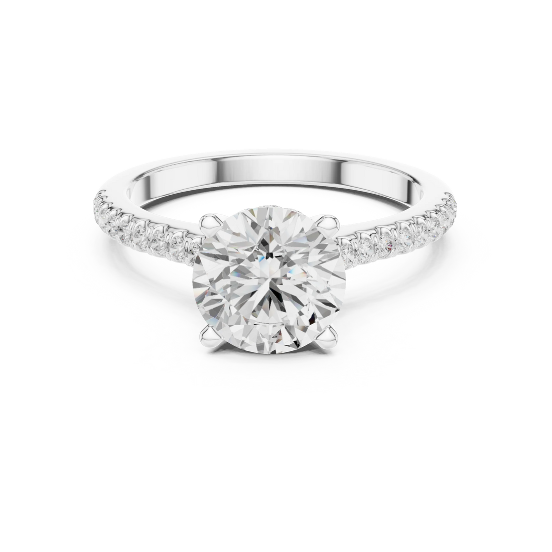 Round-Cut Diamond Hidden Halo Engagement Ring with Pave Band