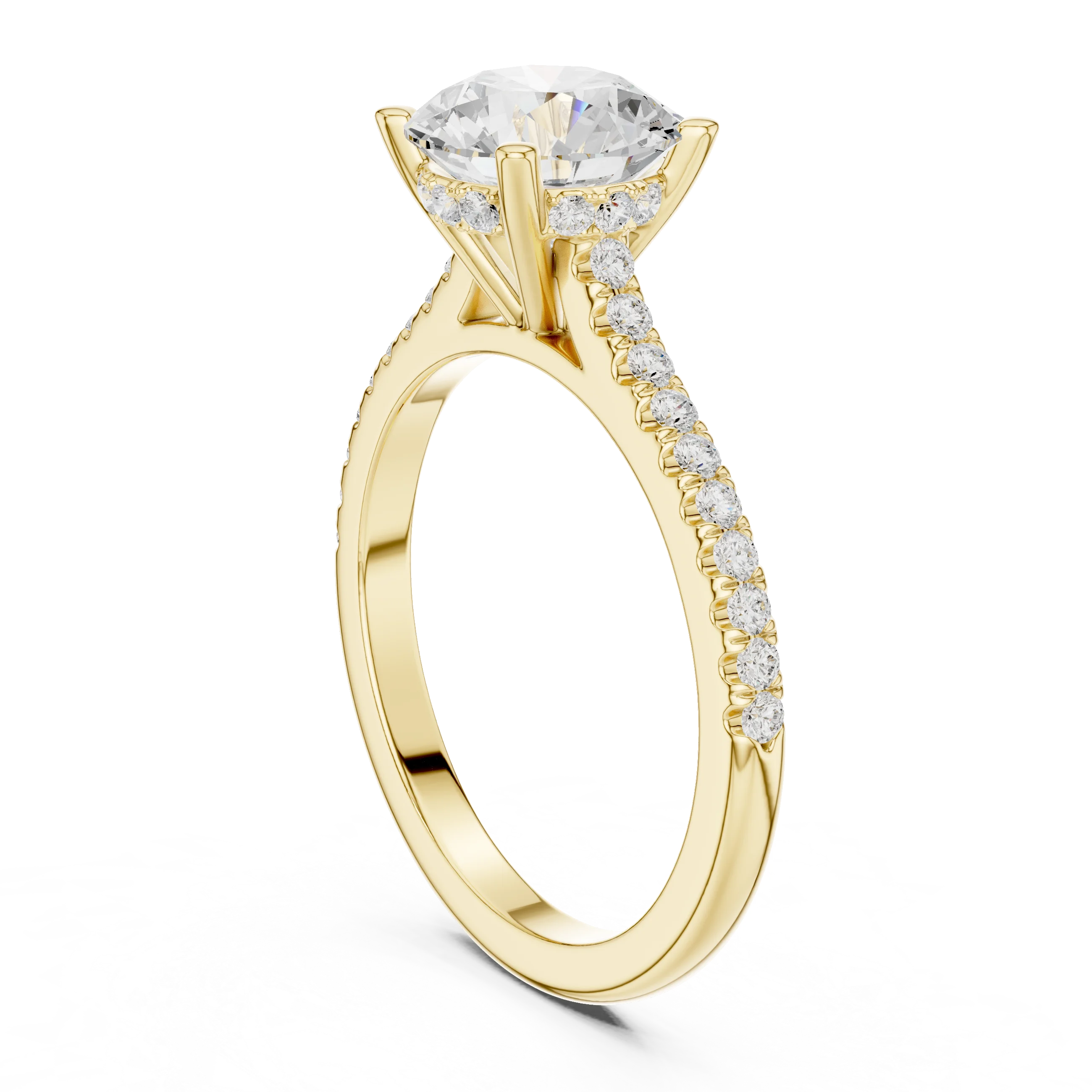 Round-Cut Diamond Hidden Halo Engagement Ring with Pave Band