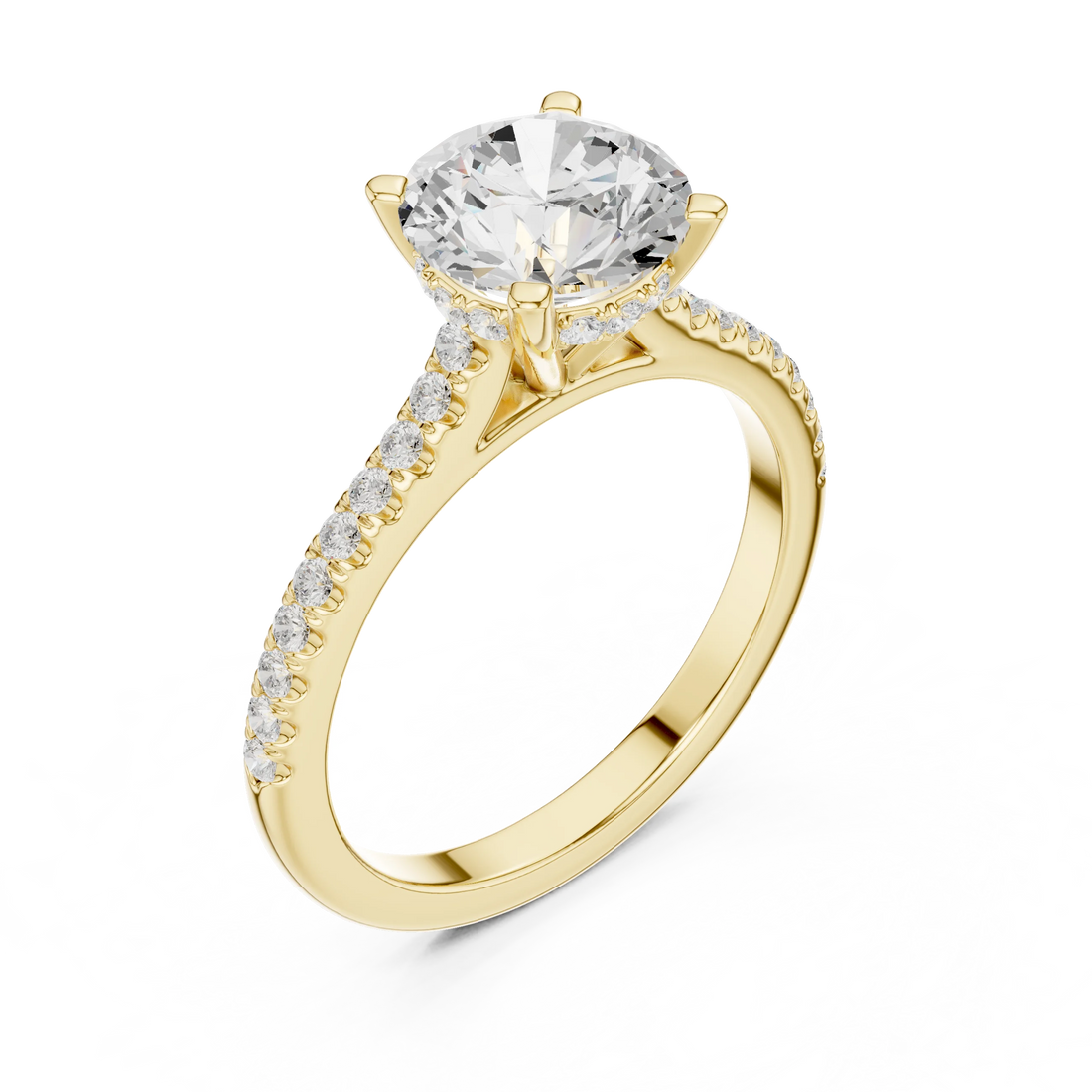 Round-Cut Diamond Hidden Halo Engagement Ring with Pave Band