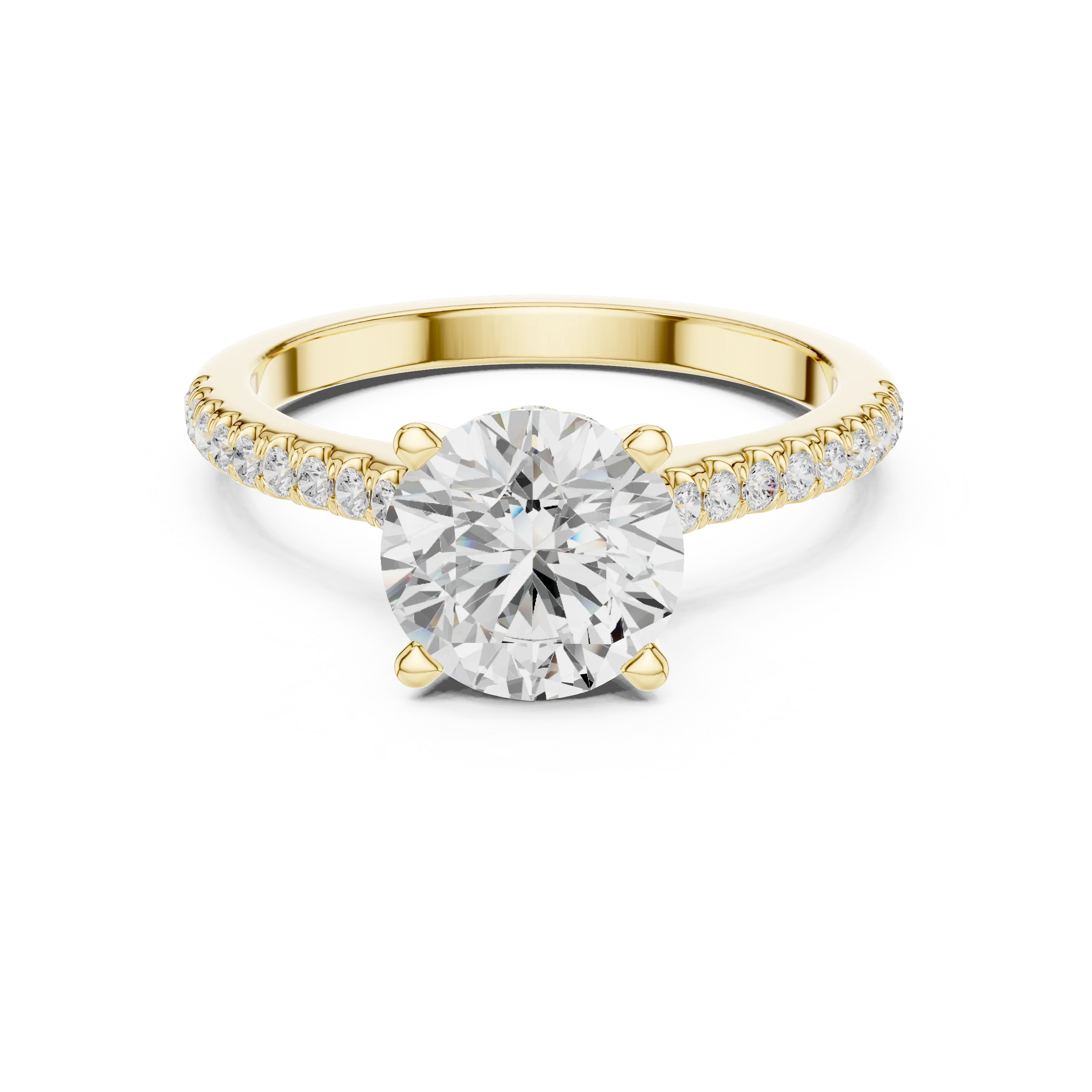 Round-Cut Diamond Hidden Halo Engagement Ring with Pave Band
