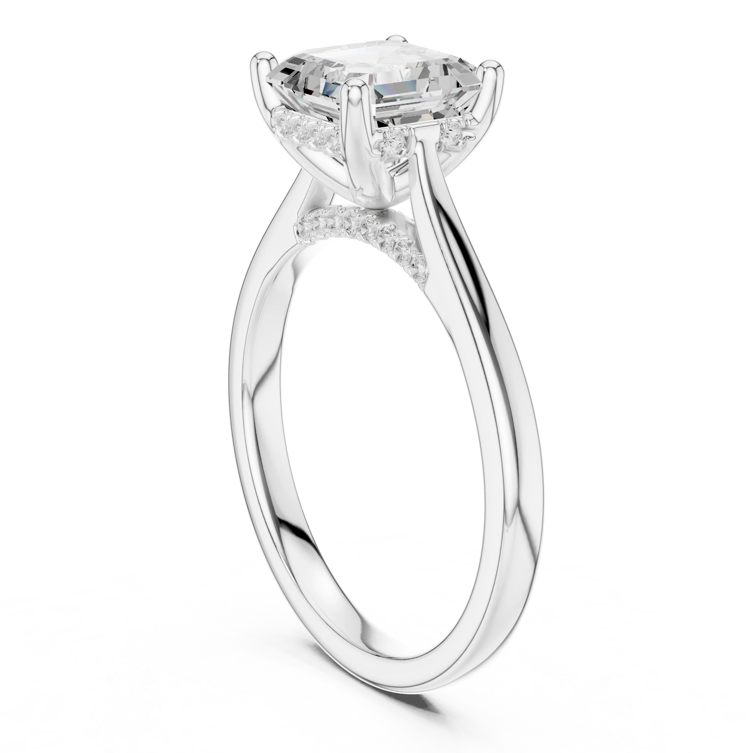 Asscher Cut Diamond Hidden Halo Engagement Ring With Cathedral Pave