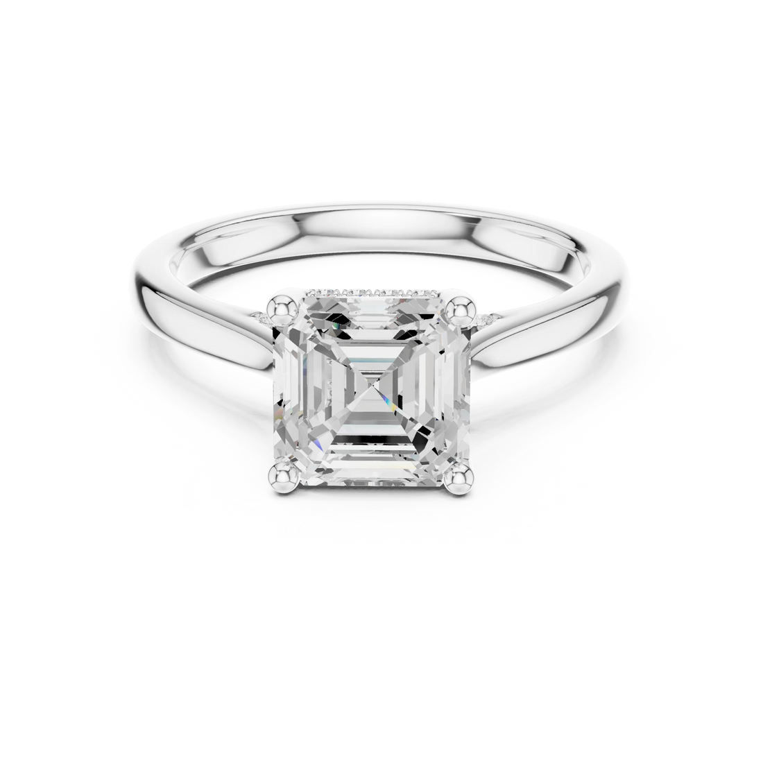 Asscher Cut Diamond Hidden Halo Engagement Ring With Cathedral Pave