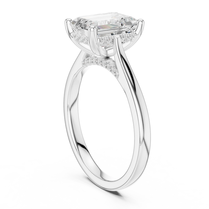 Emerald Cut Diamond Hidden Halo Engagement Ring With Cathedral Pave