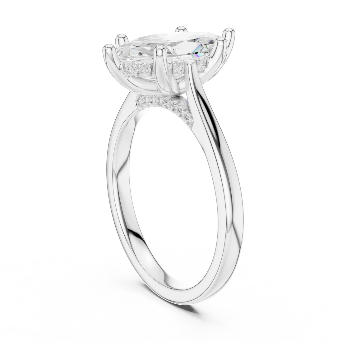 Marquise Cut Diamond Hidden Halo Engagement Ring With Cathedral Pave