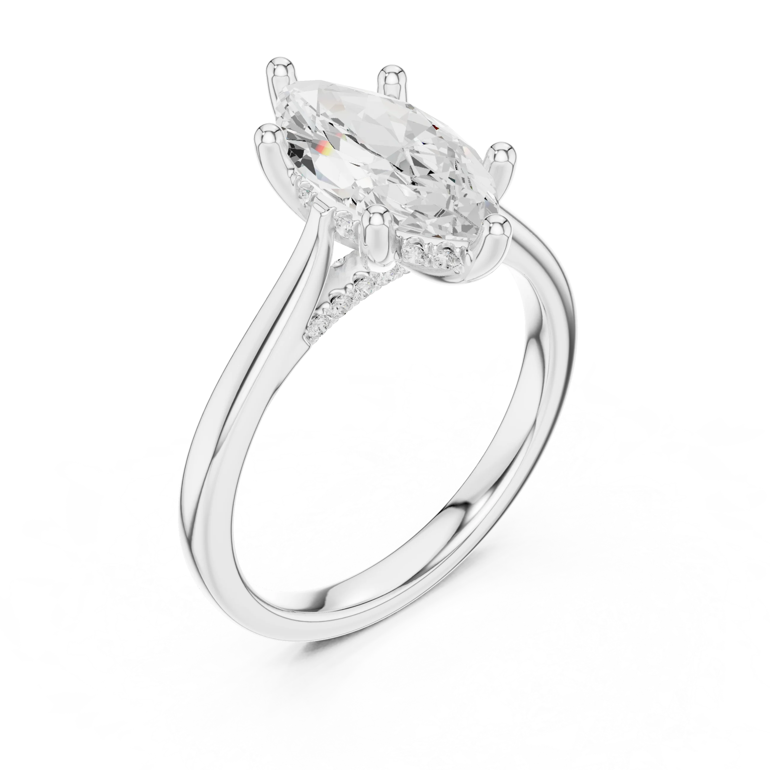 Marquise Cut Diamond Hidden Halo Engagement Ring With Cathedral Pave