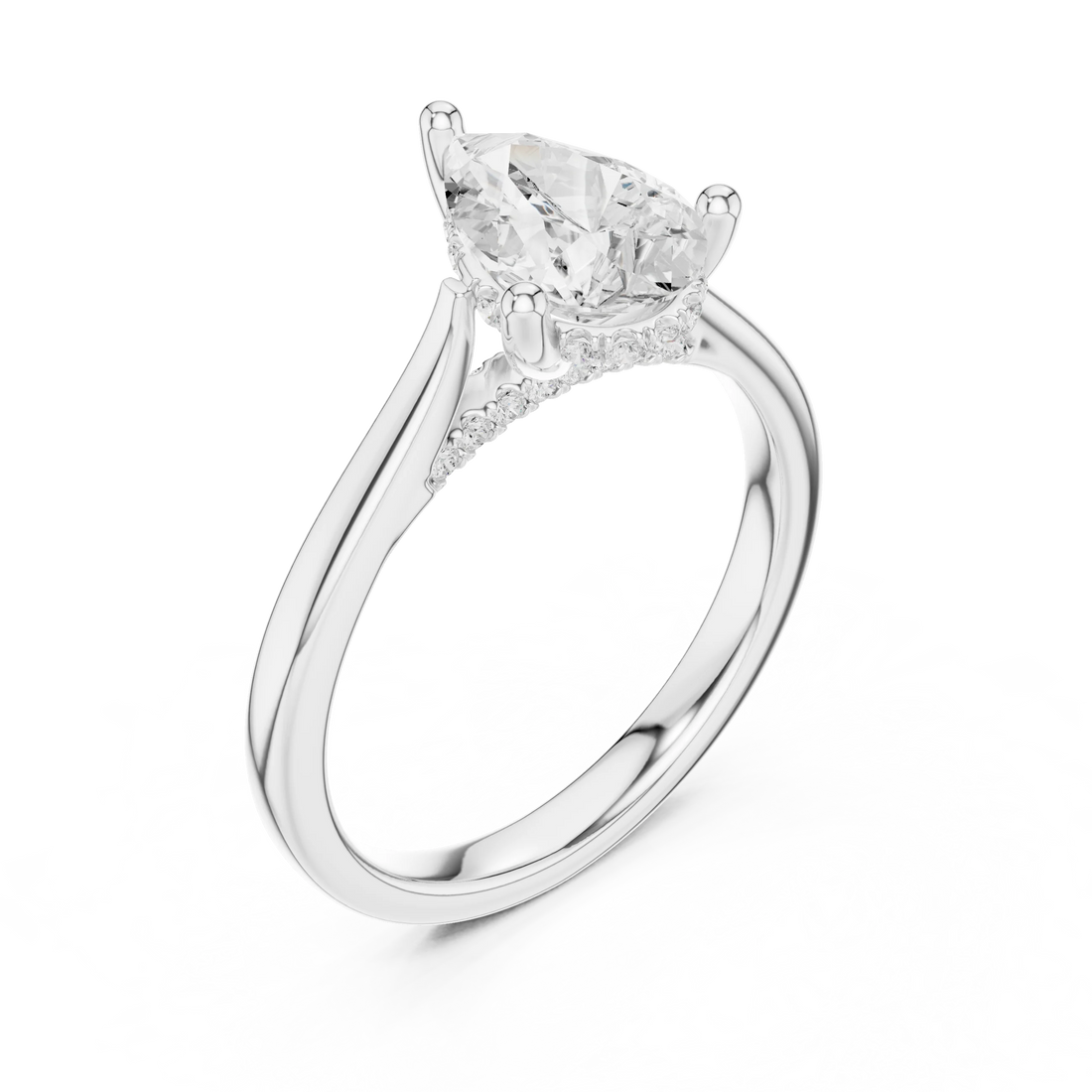 Pear Cut Diamond Hidden Halo Engagement Ring With Cathedral Pave