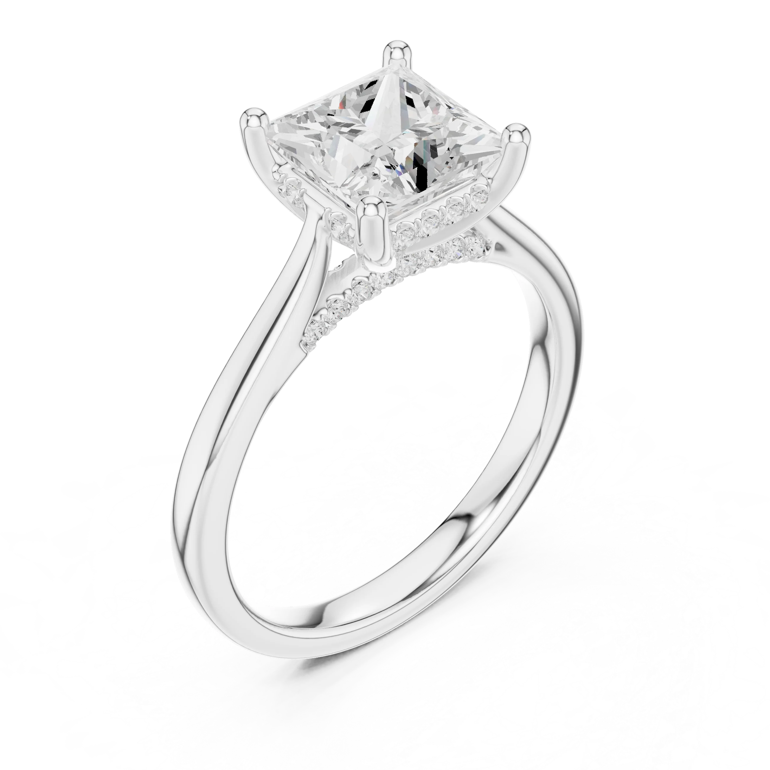 Princess Cut Diamond Hidden Halo Engagement Ring With Cathedral Pave