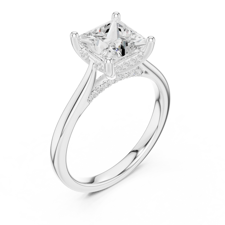 Princess Cut Diamond Hidden Halo Engagement Ring With Cathedral Pave