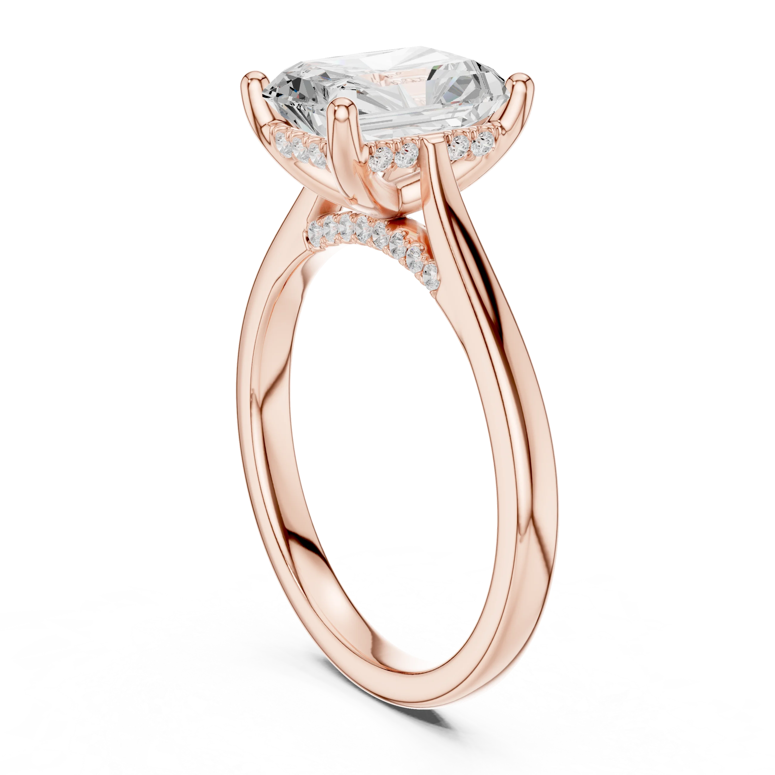 Radiant Cut Diamond Hidden Halo Engagement Ring With Cathedral Pave