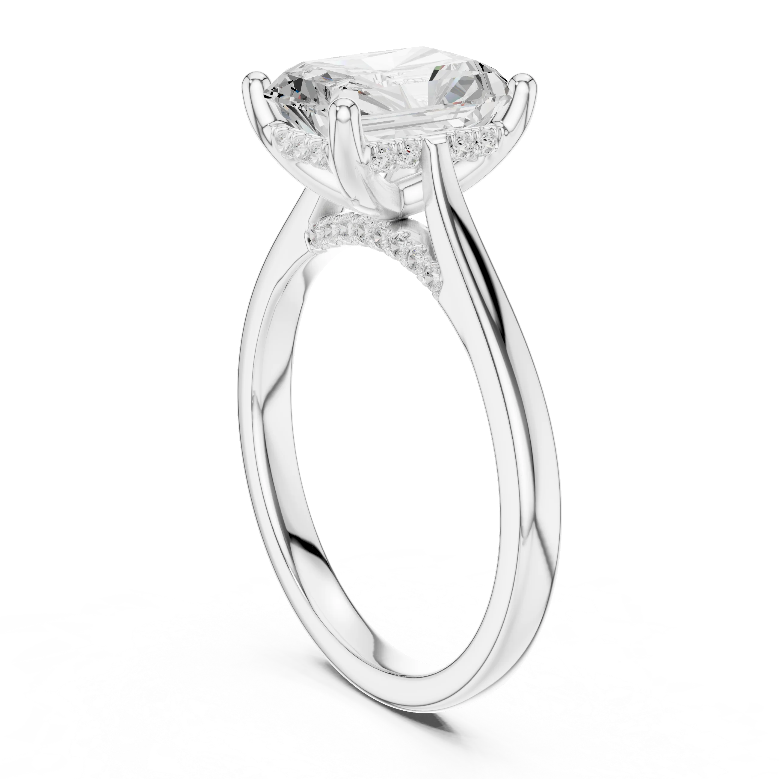 Radiant Cut Diamond Hidden Halo Engagement Ring With Cathedral Pave