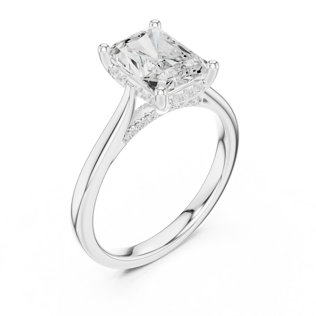 Radiant Cut Diamond Hidden Halo Engagement Ring With Cathedral Pave